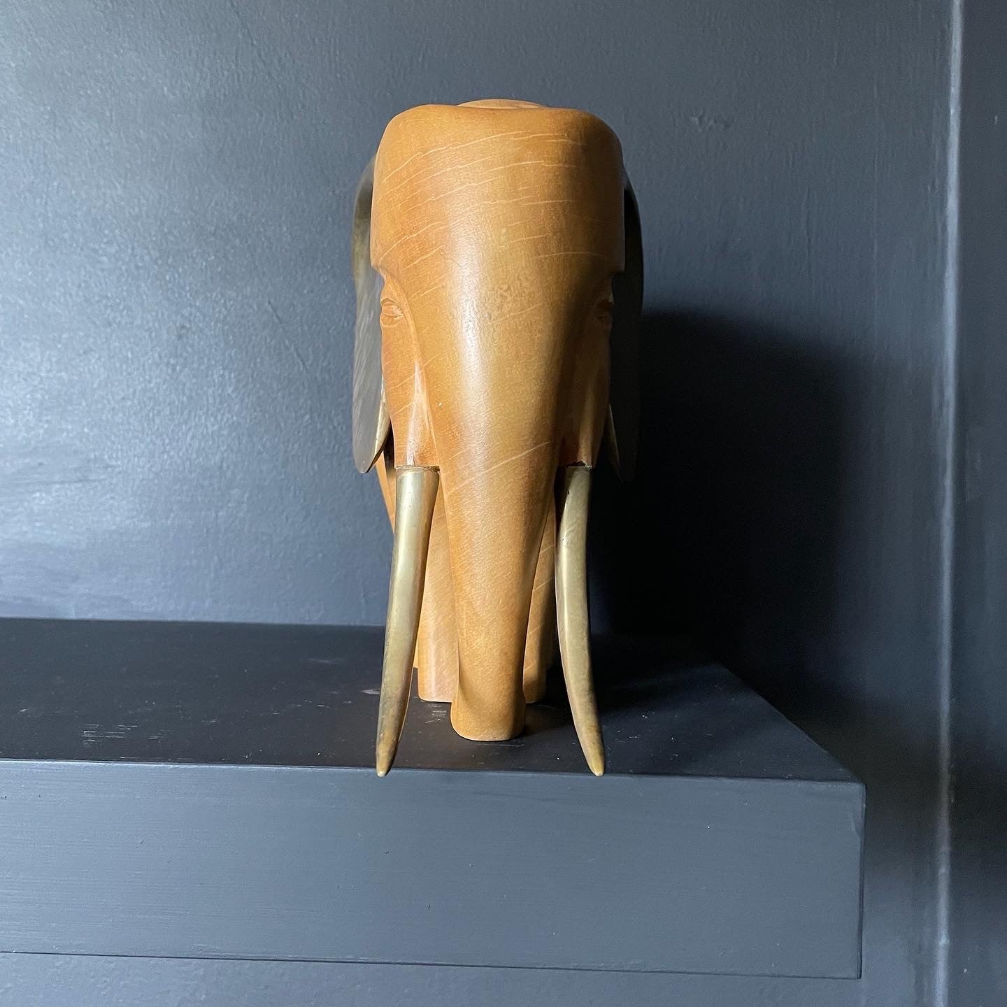 Solid Wood Elephant with Brass Ears & Tusks
