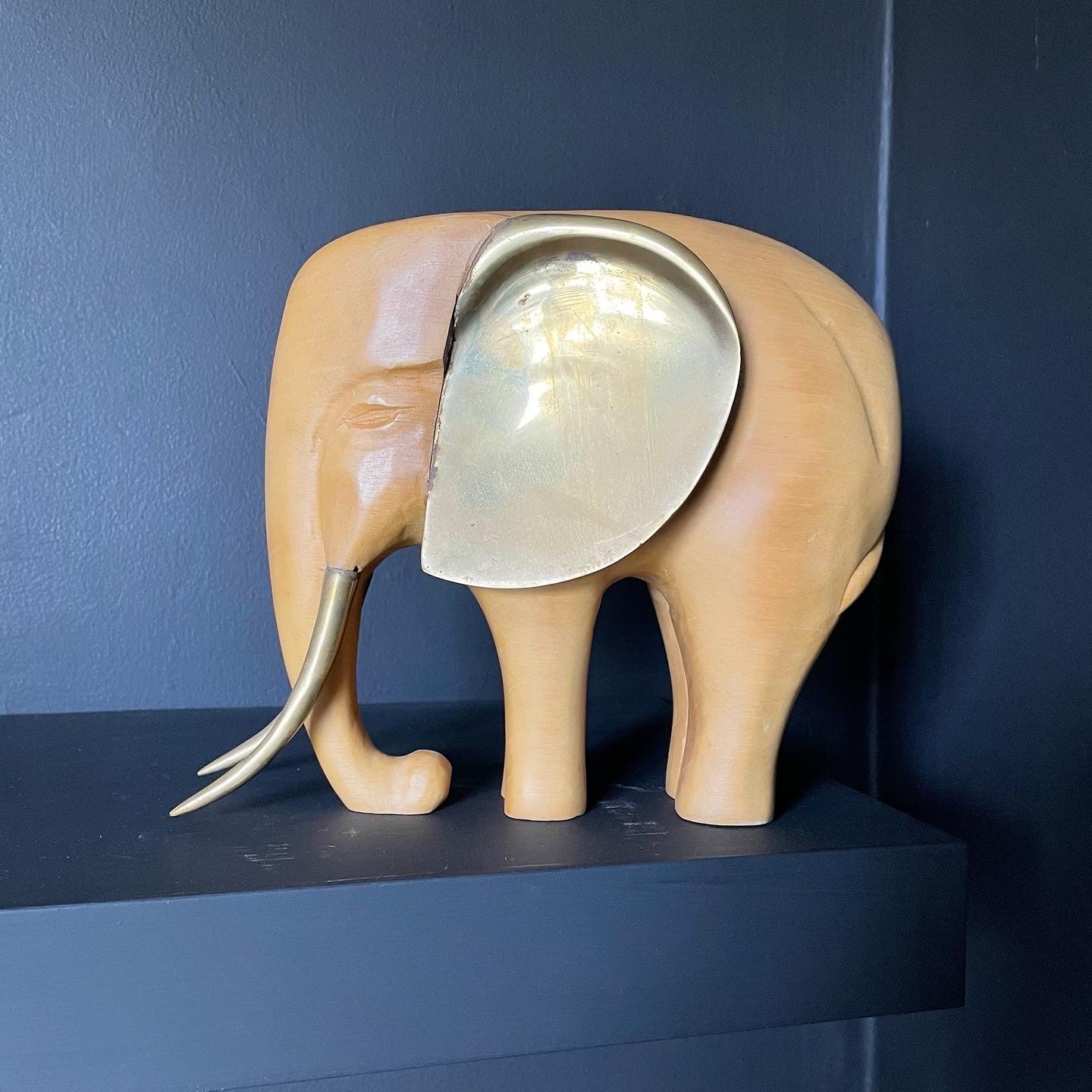 Solid Wood Elephant with Brass Ears & Tusks