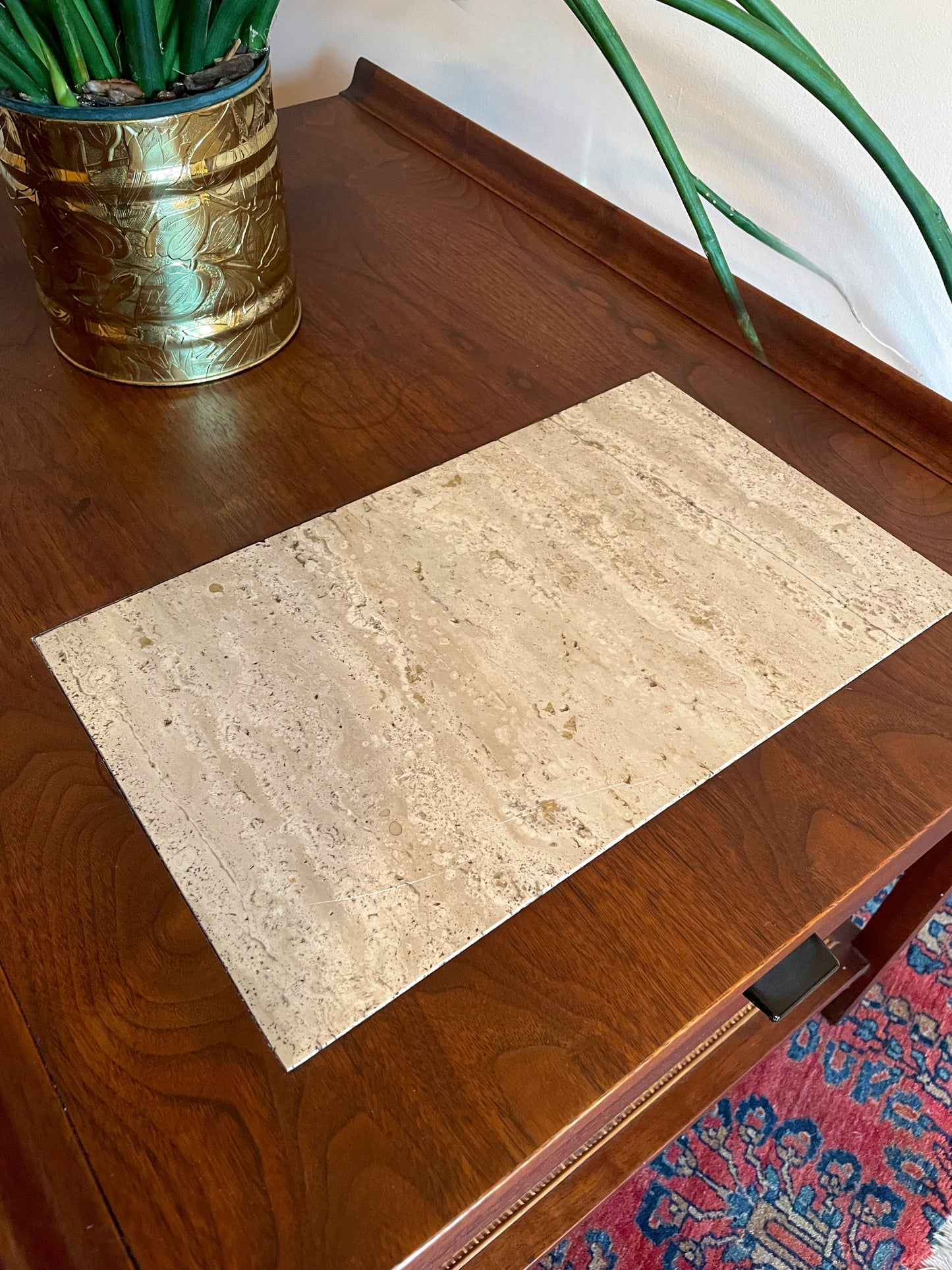 Walnut Side Table with Travertine Inlay