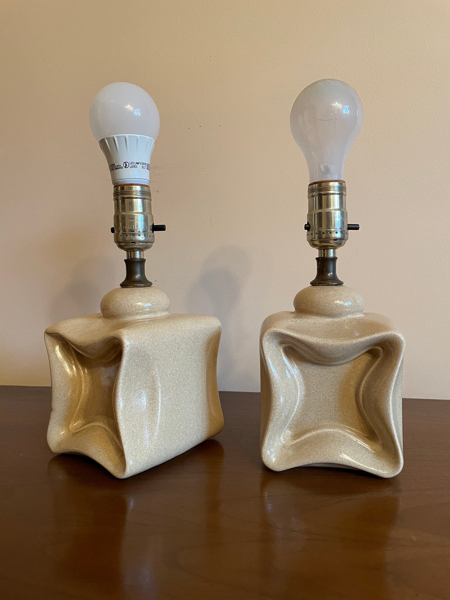 Mid Century Ceramic Lamps with Laced Oil Cloth Shades
