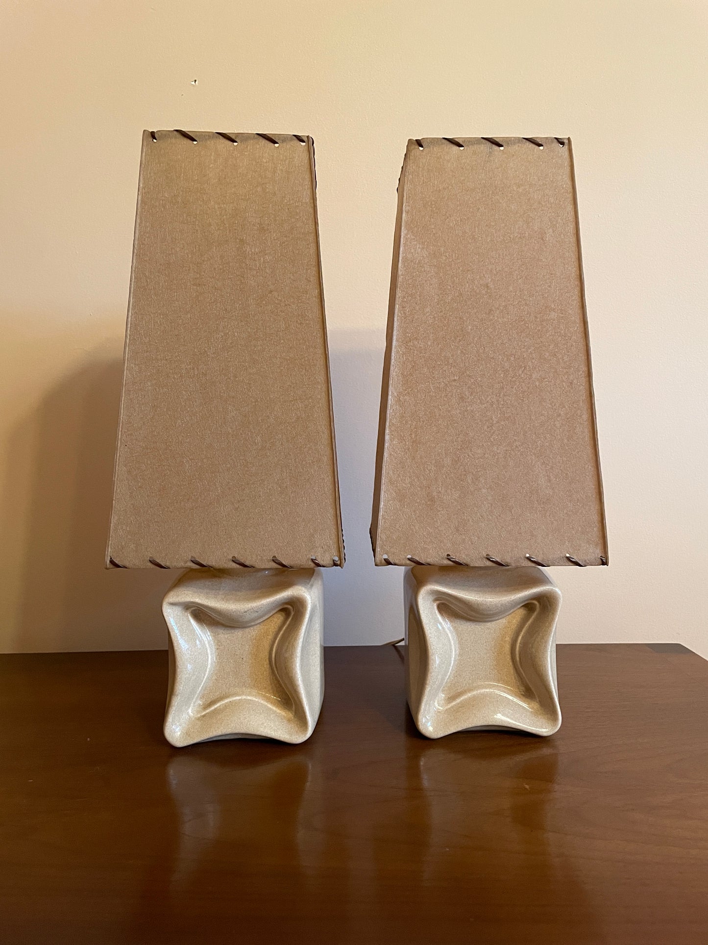 Mid Century Ceramic Lamps with Laced Oil Cloth Shades