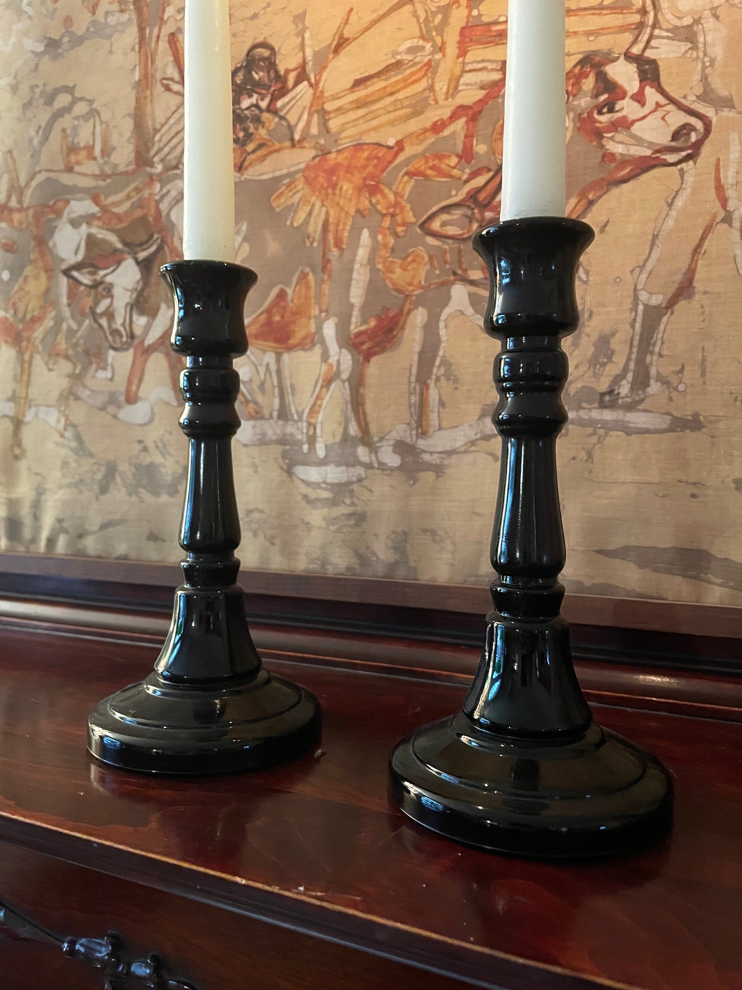 Pair of Black Glass Candlesticks