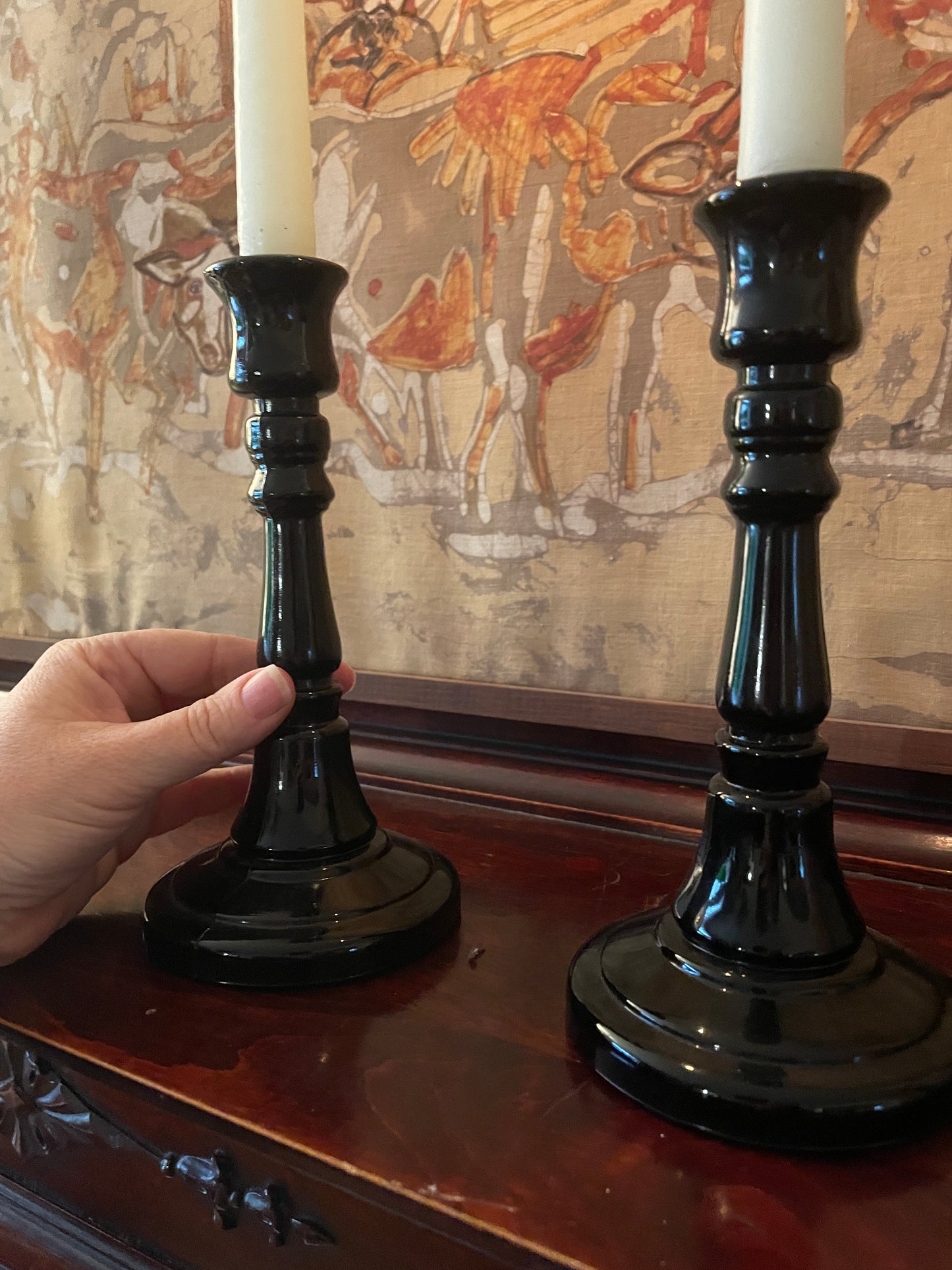 Pair of Black Glass Candlesticks