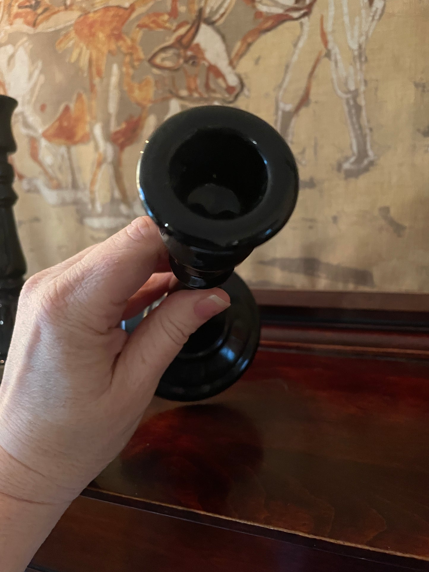 Pair of Black Glass Candlesticks