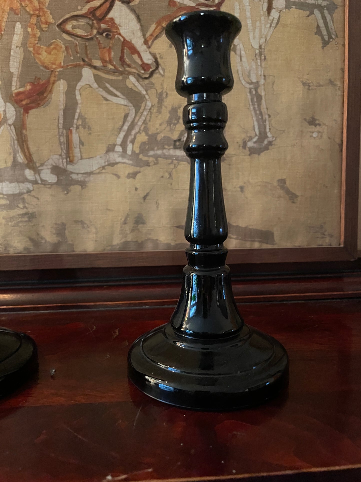 Pair of Black Glass Candlesticks
