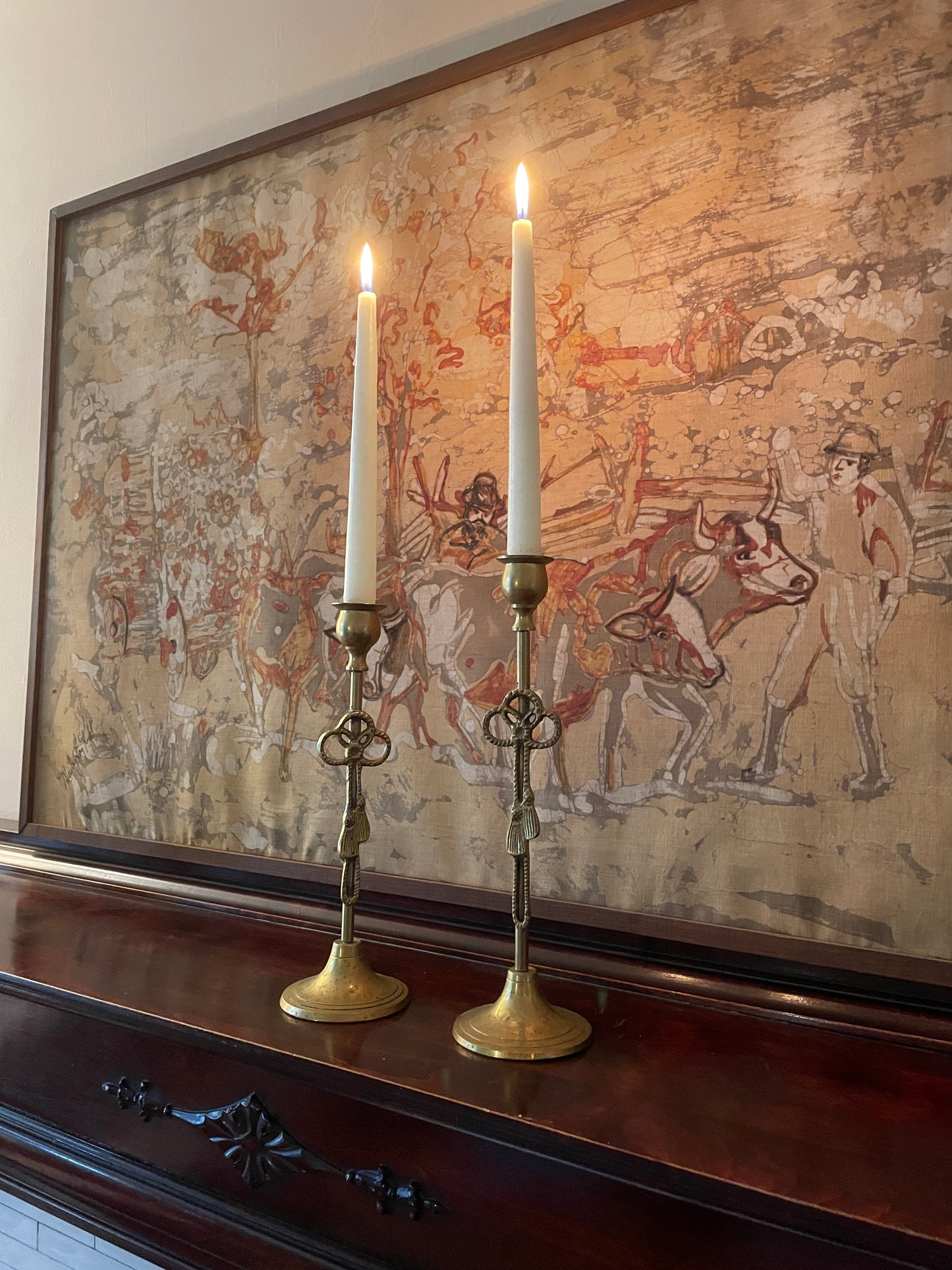 Pair of Tasseled Brass Candlesticks