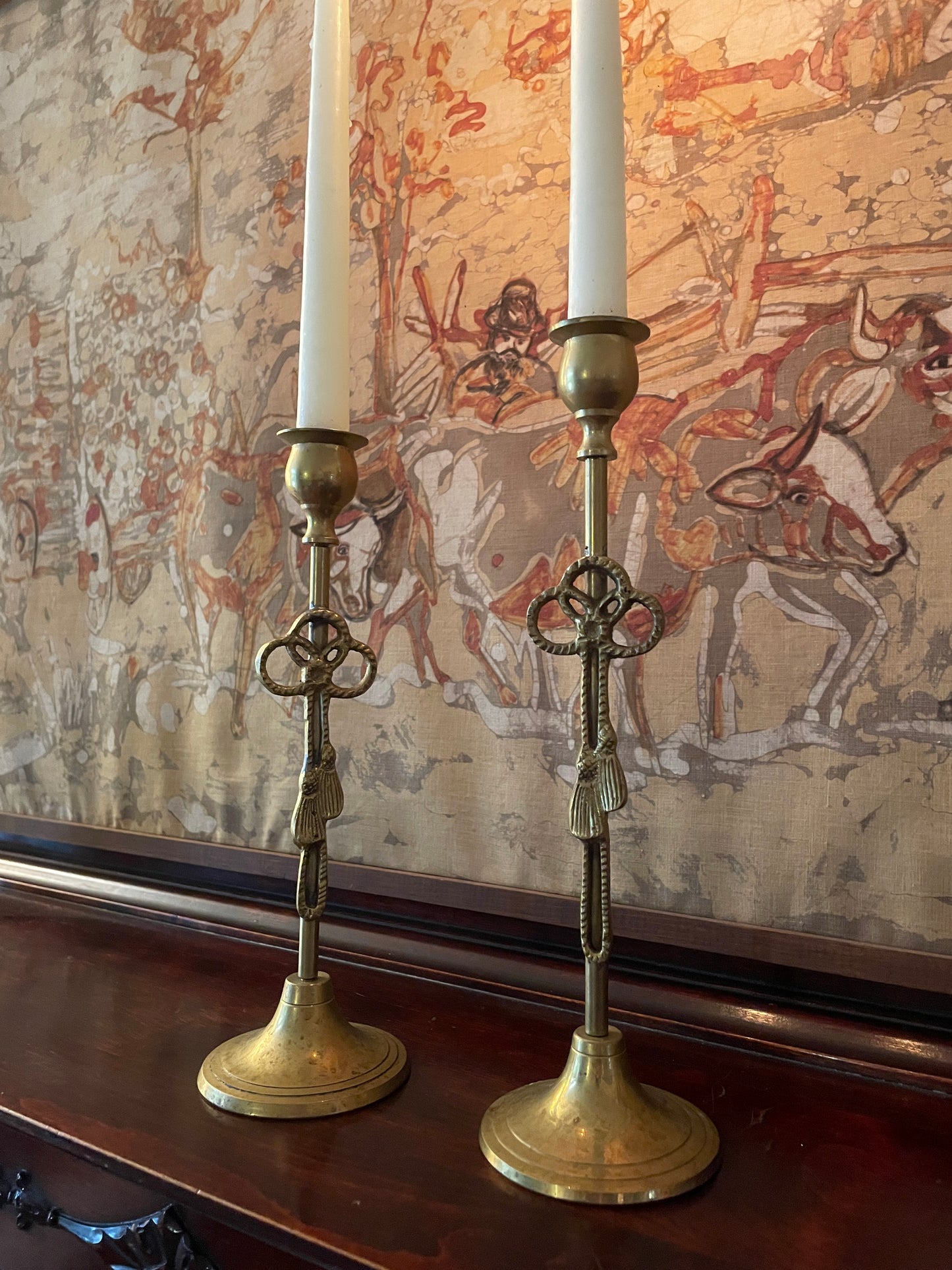 Pair of Tasseled Brass Candlesticks