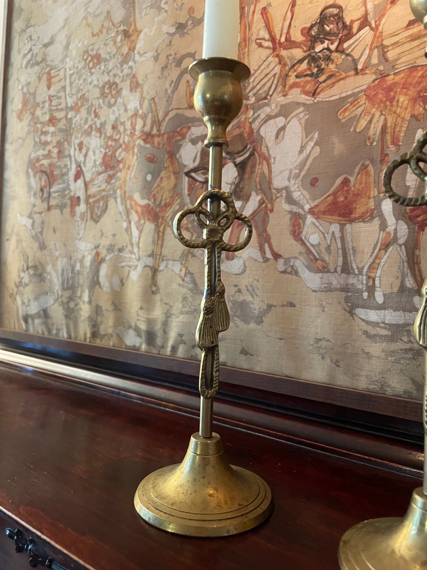 Pair of Tasseled Brass Candlesticks