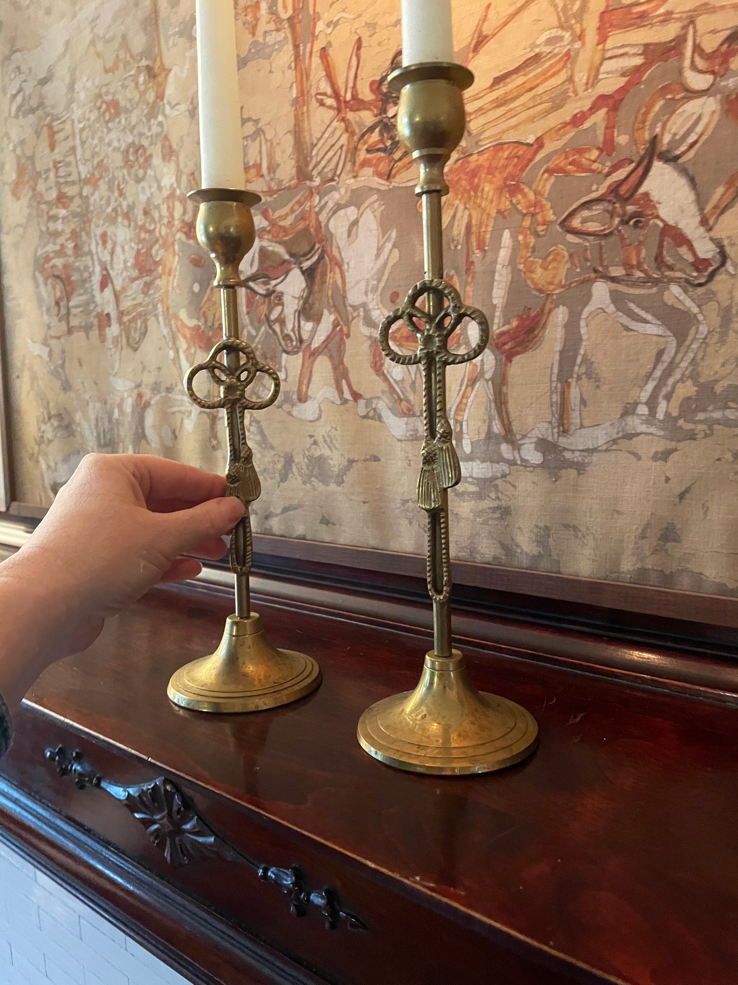 Pair of Tasseled Brass Candlesticks