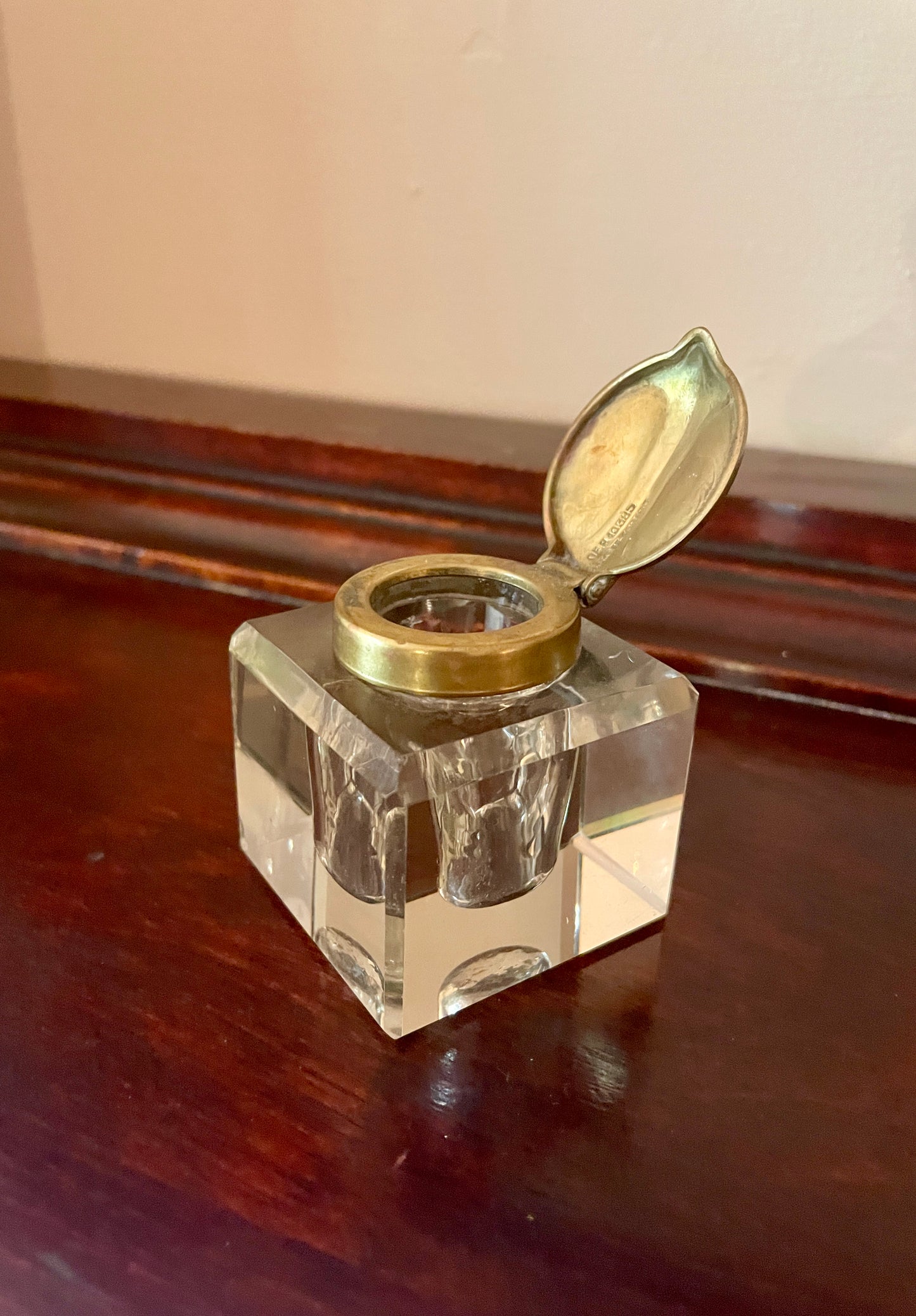 Faceted Glass Inkwell with Hinged Brass Lid