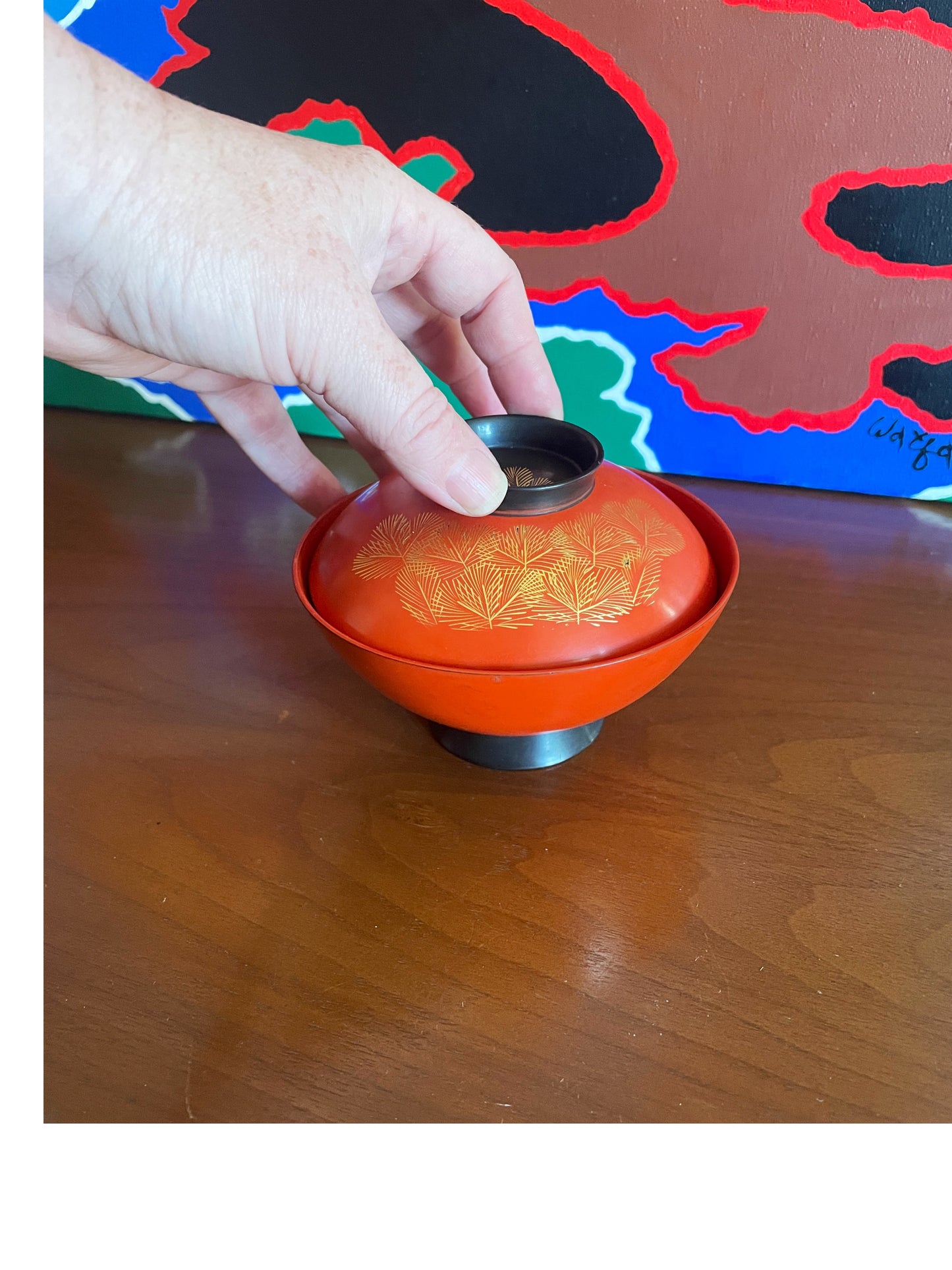 Red Acrylic Bowl with Gold Decorative Detail