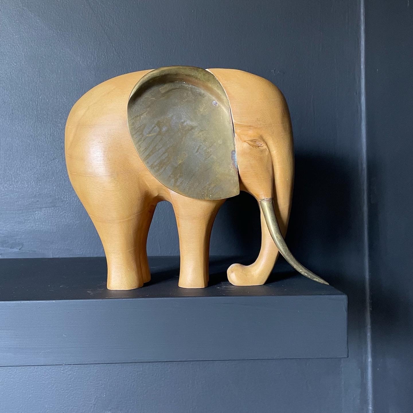 Sold Wood Elephant with Brass Ears & Tusks