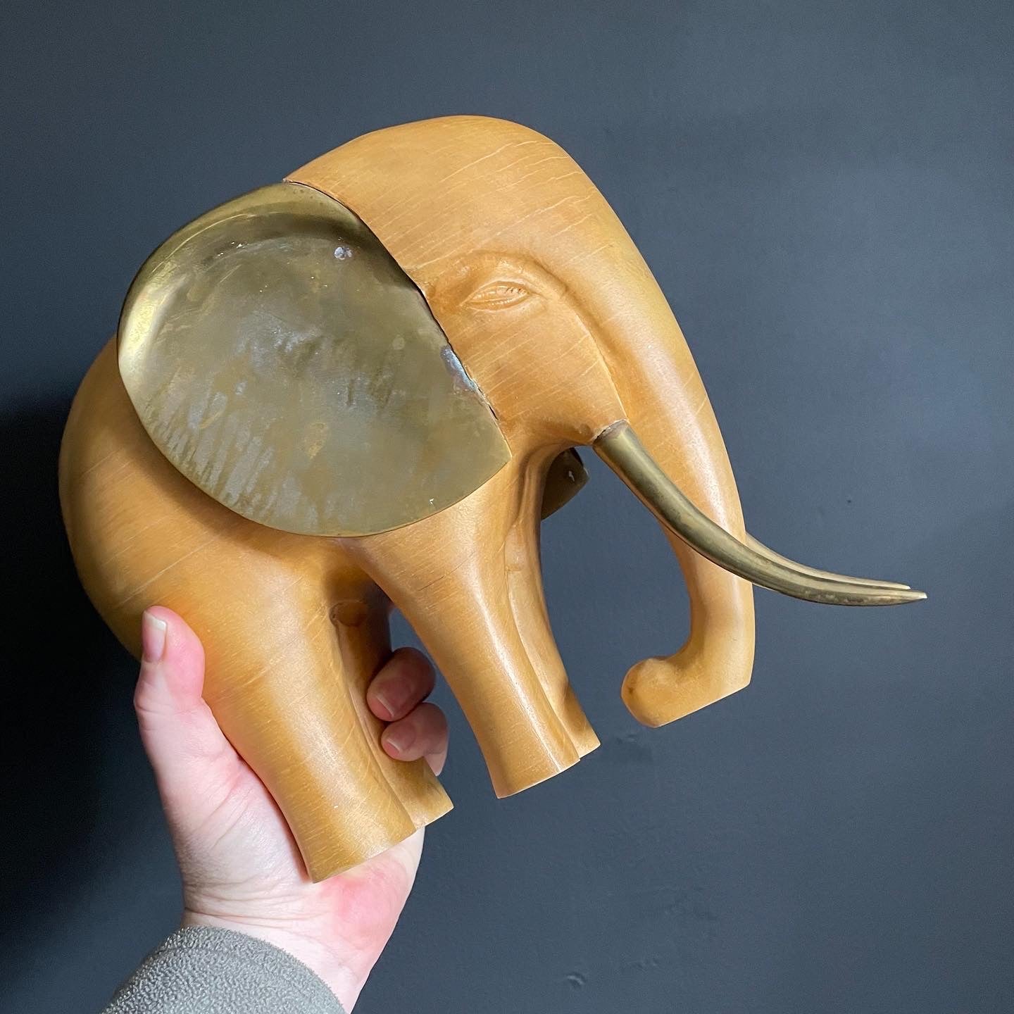 Sold Wood Elephant with Brass Ears & Tusks