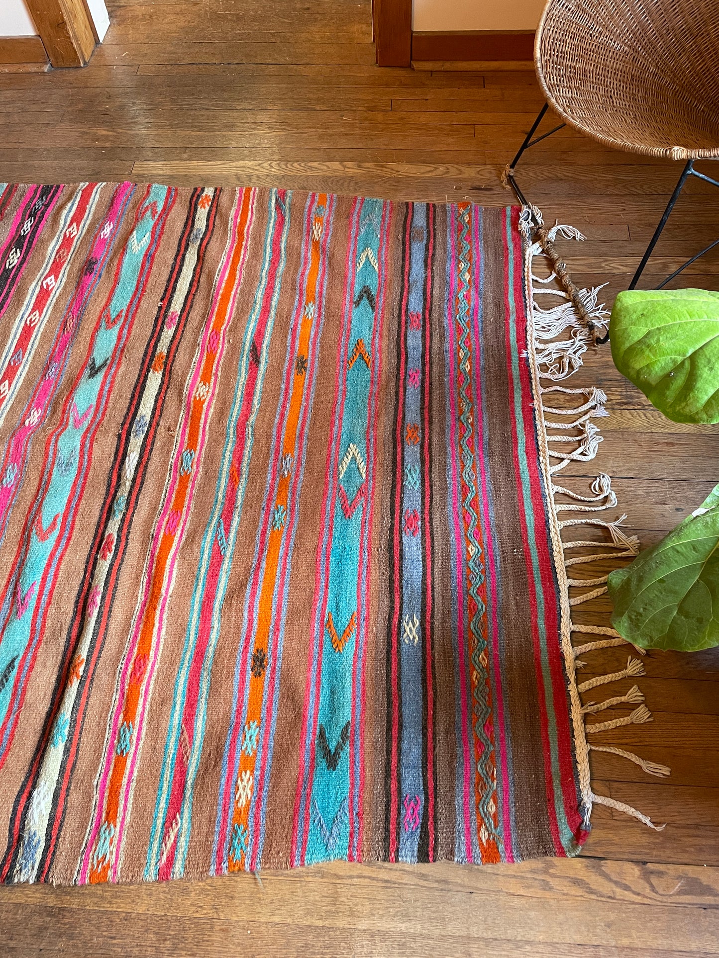 Turquoise, Fuchsia, Orange, Mocha & Red Striped Kilim