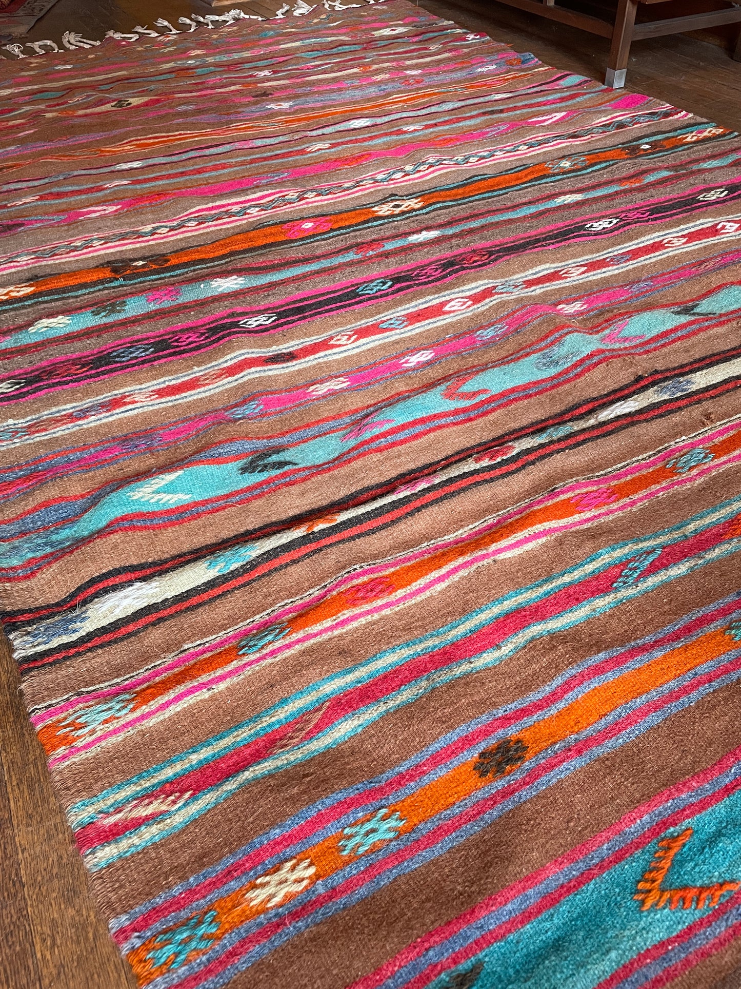 Turquoise, Fuchsia, Orange, Mocha & Red Striped Kilim