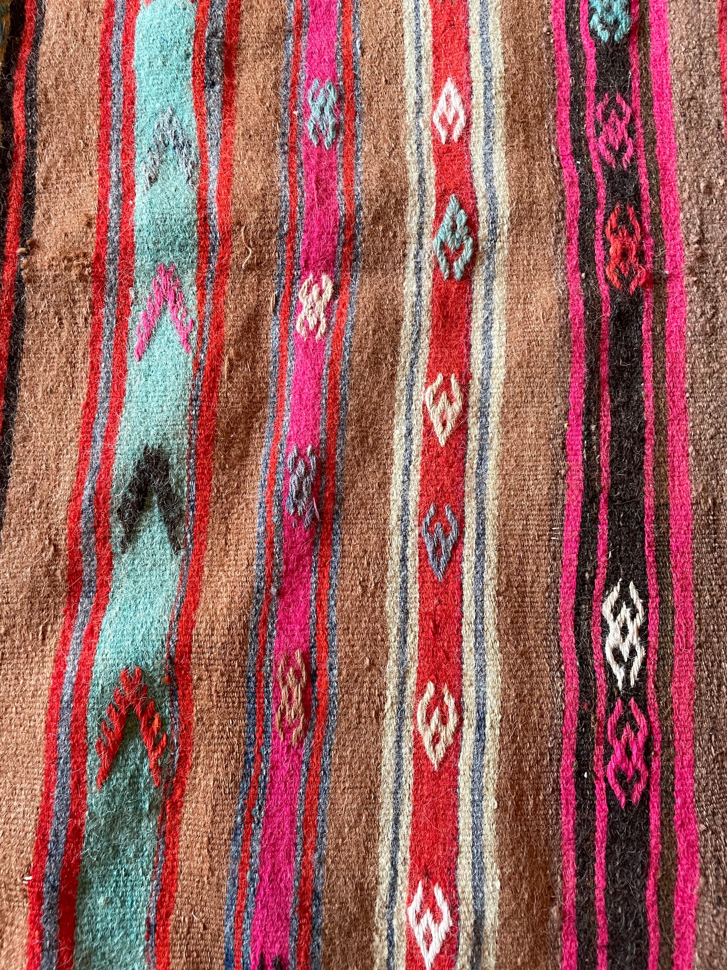 Turquoise, Fuchsia, Orange, Mocha & Red Striped Kilim