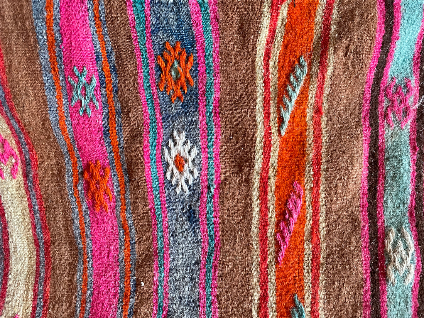 Turquoise, Fuchsia, Orange, Mocha & Red Striped Kilim