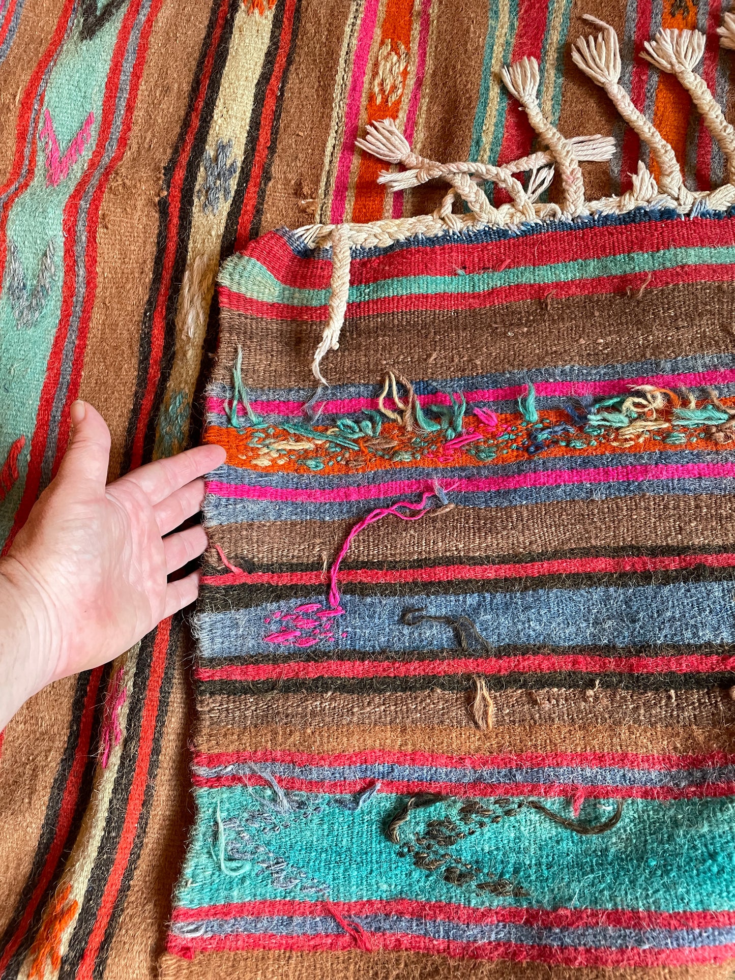 Turquoise, Fuchsia, Orange, Mocha & Red Striped Kilim