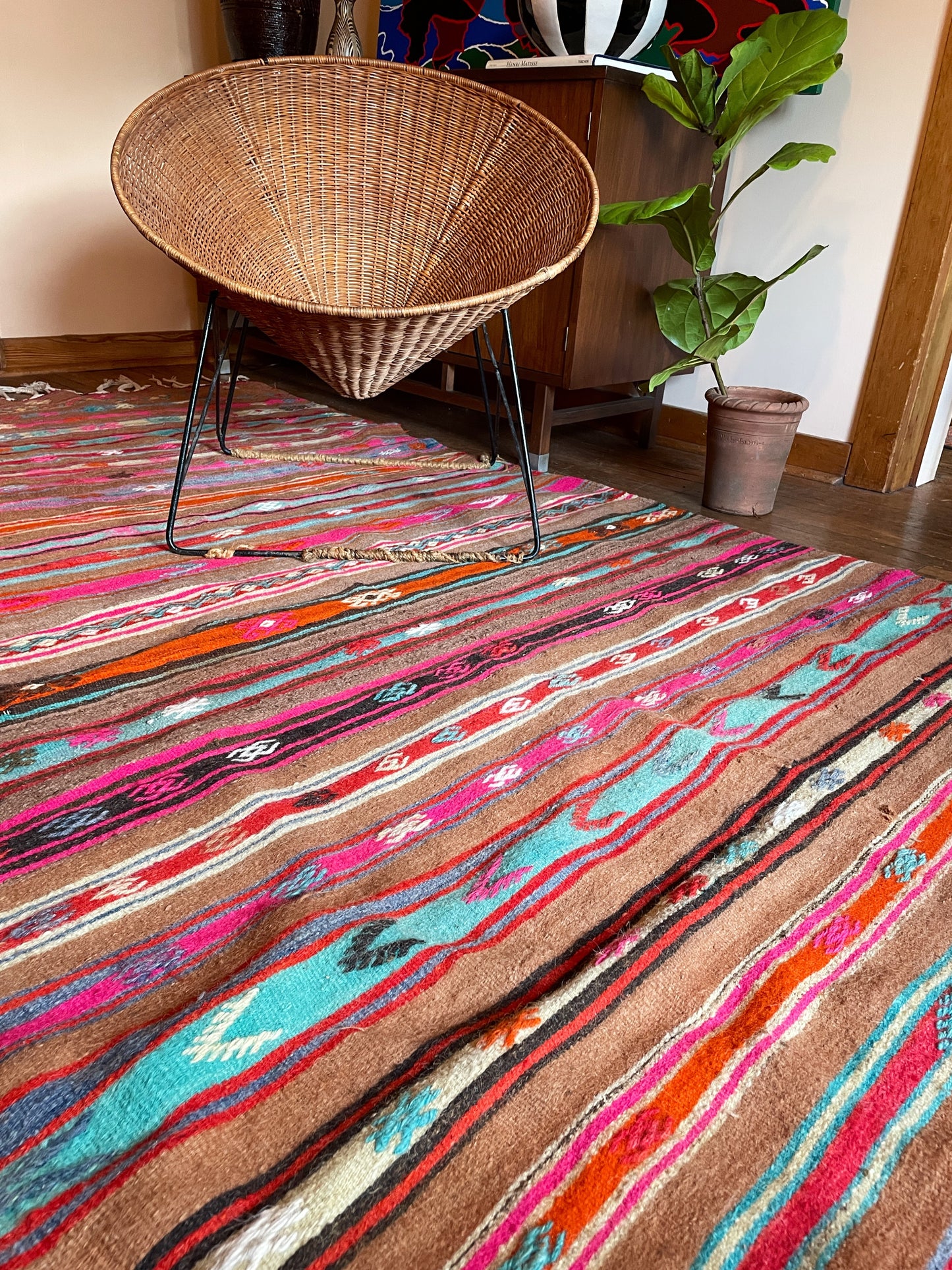 Turquoise, Fuchsia, Orange, Mocha & Red Striped Kilim