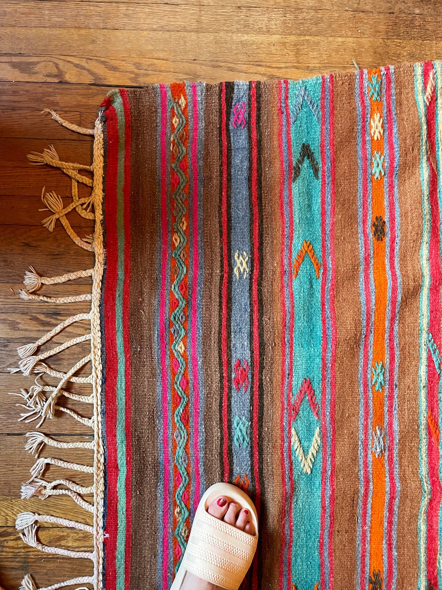 Turquoise, Fuchsia, Orange, Mocha & Red Striped Kilim