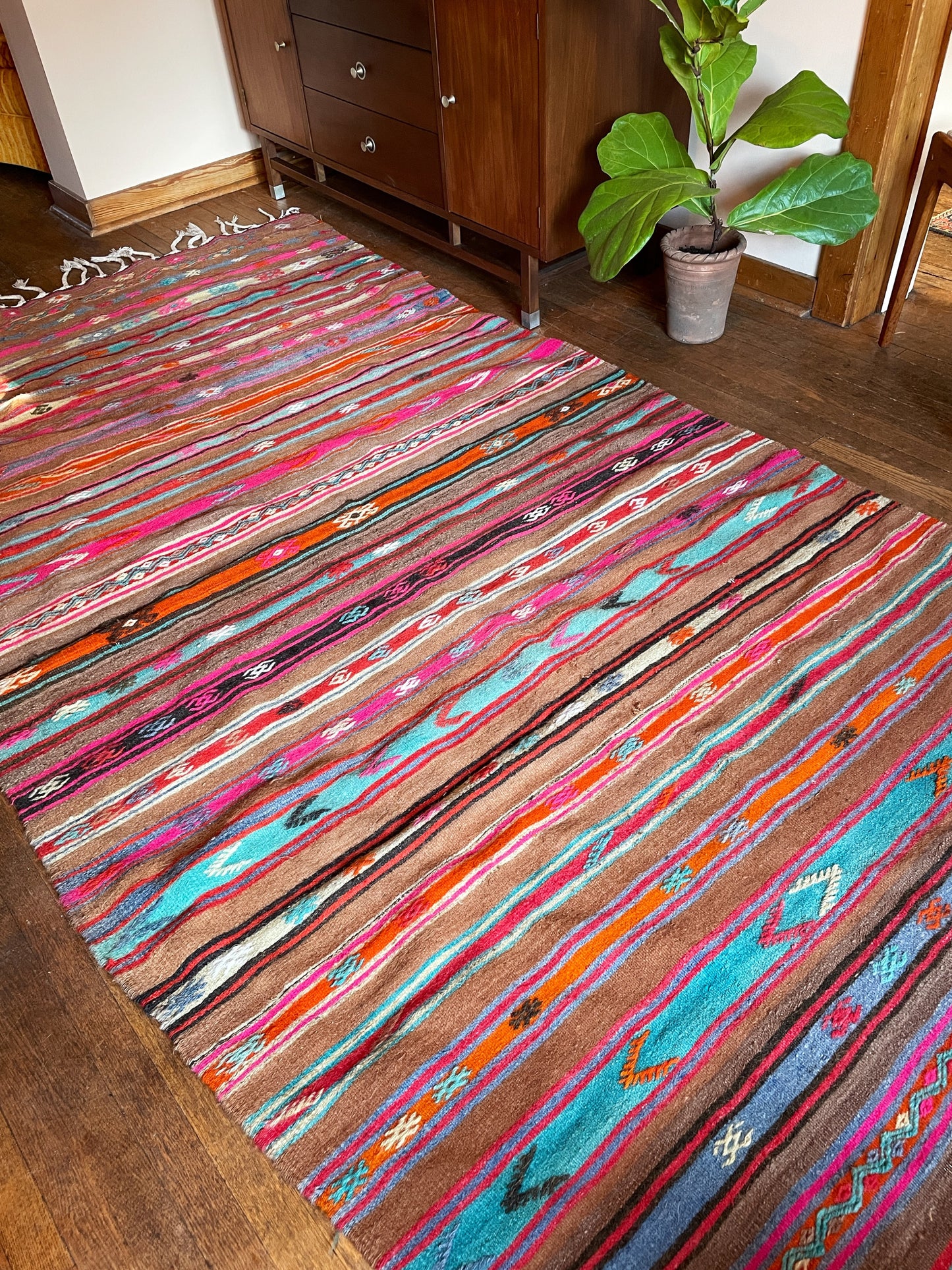 Turquoise, Fuchsia, Orange, Mocha & Red Striped Kilim