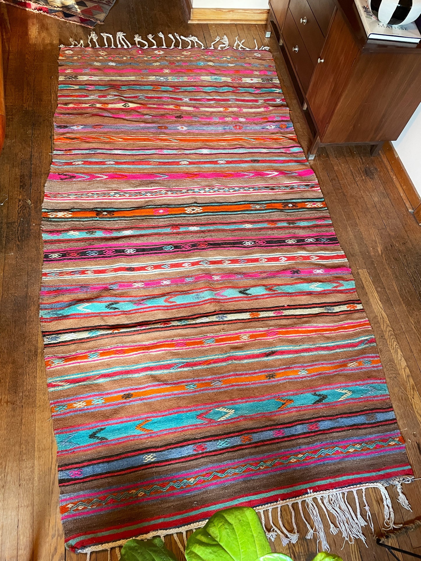 Turquoise, Fuchsia, Orange, Mocha & Red Striped Kilim