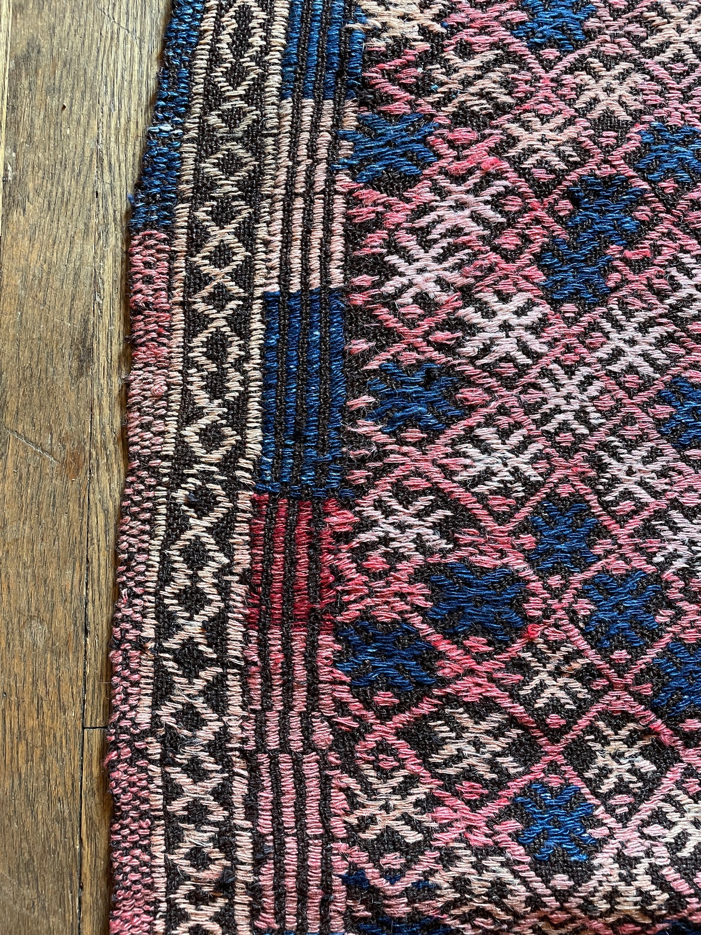 Handmade Diamond Patterned Kilim in Navy & Pinks