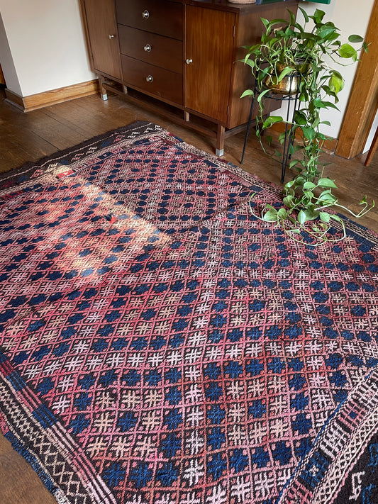 Handmade Diamond Patterned Kilim in Navy & Pinks