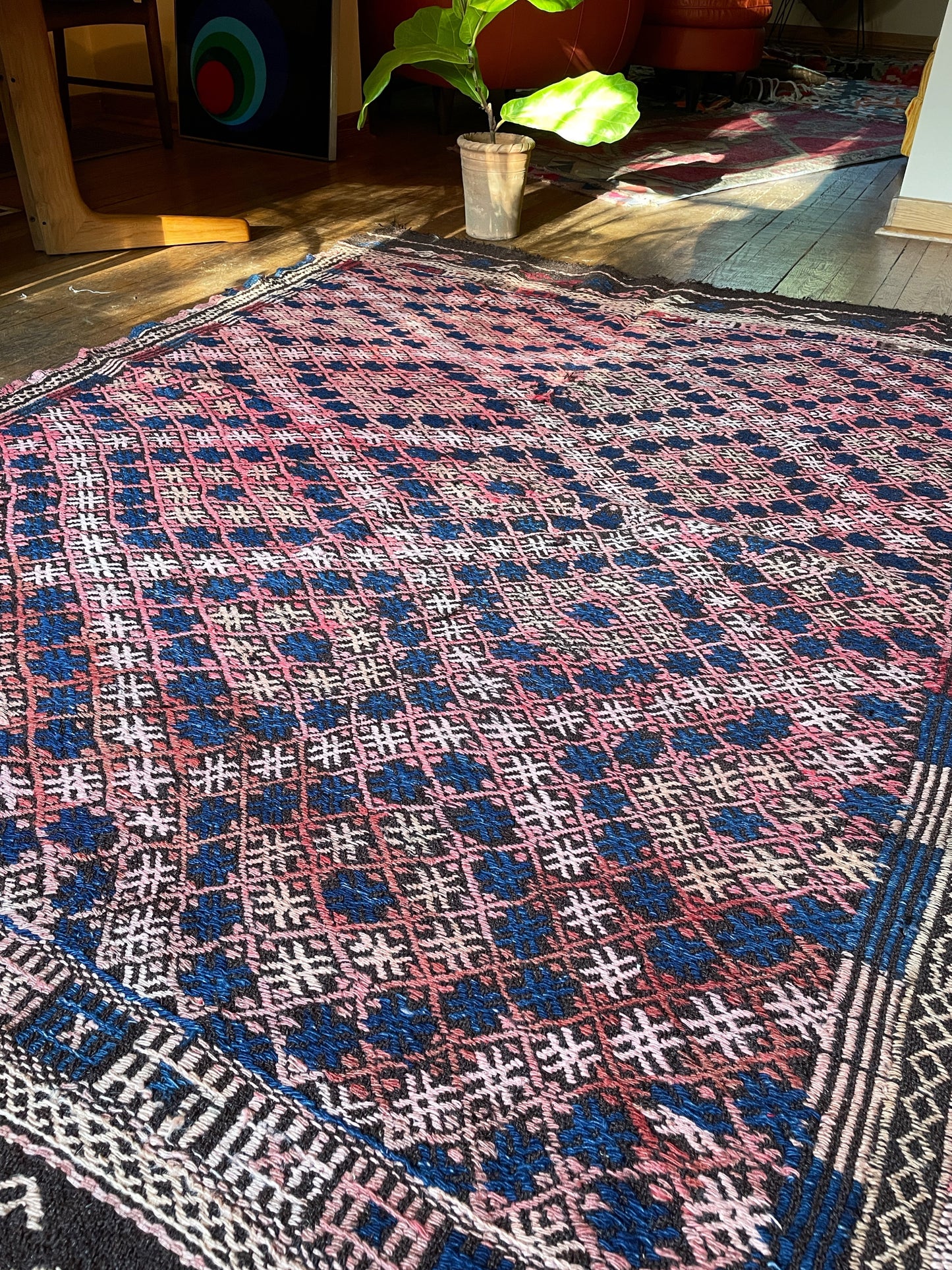 Handmade Diamond Patterned Kilim in Navy & Pinks