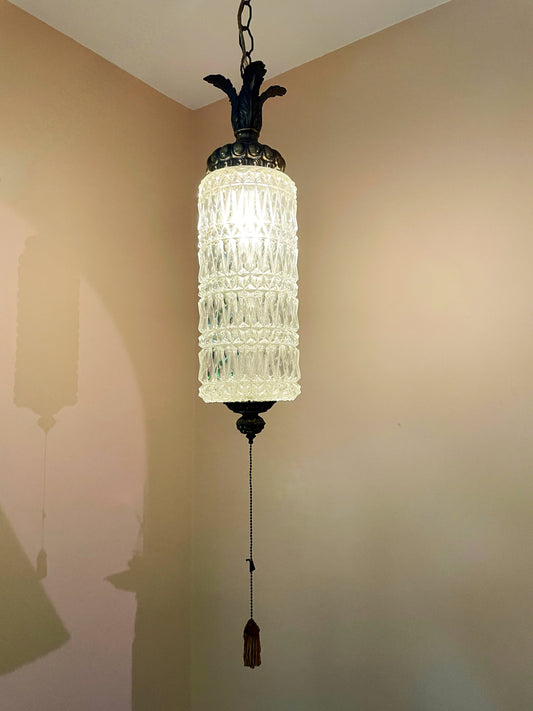 Hollywood Regency Crystal & Brass Swag Lamp with Tassel Pull