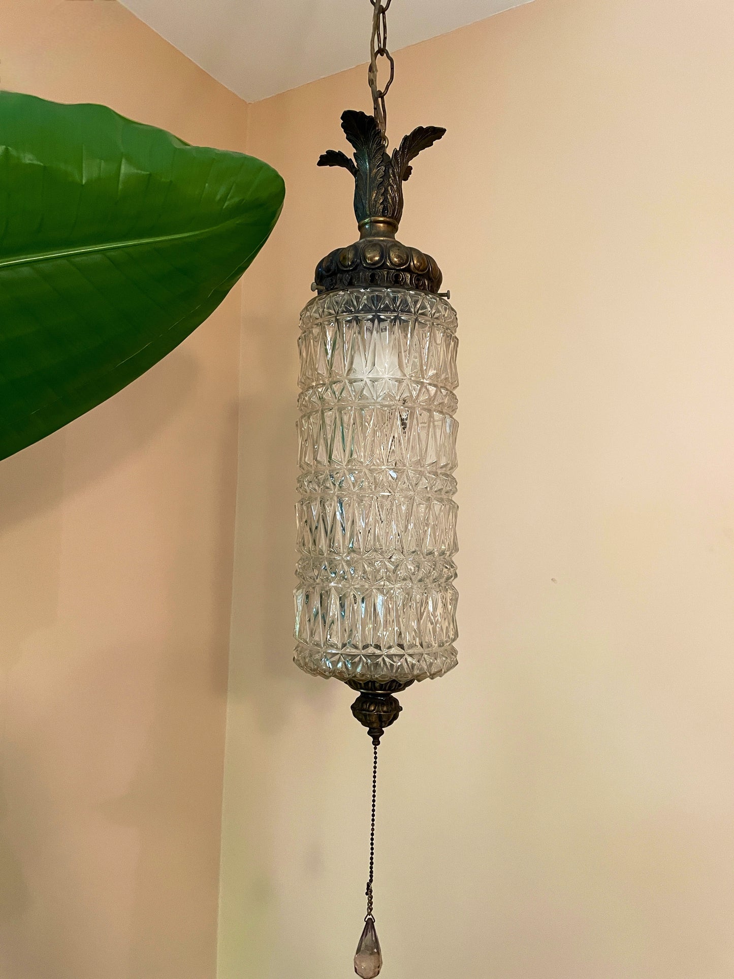 Hollywood Regency Crystal & Brass Swag Lamp with Prism Pull