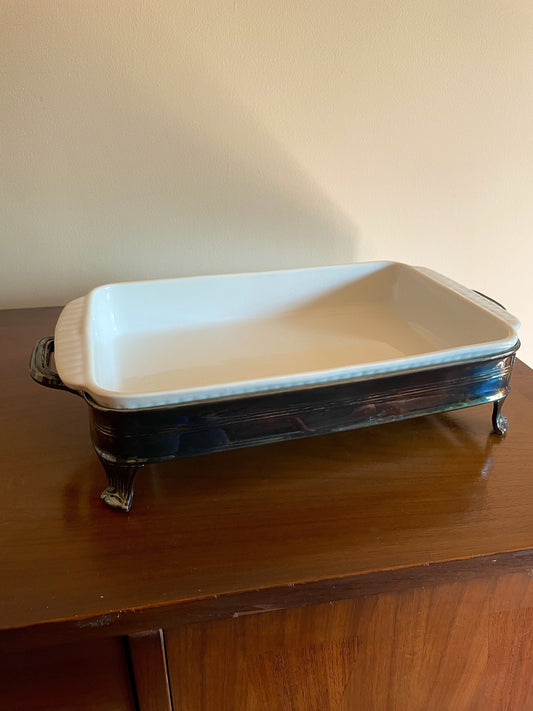 Calif USA Ovenproof Dish with Silver Plated Serving Stand