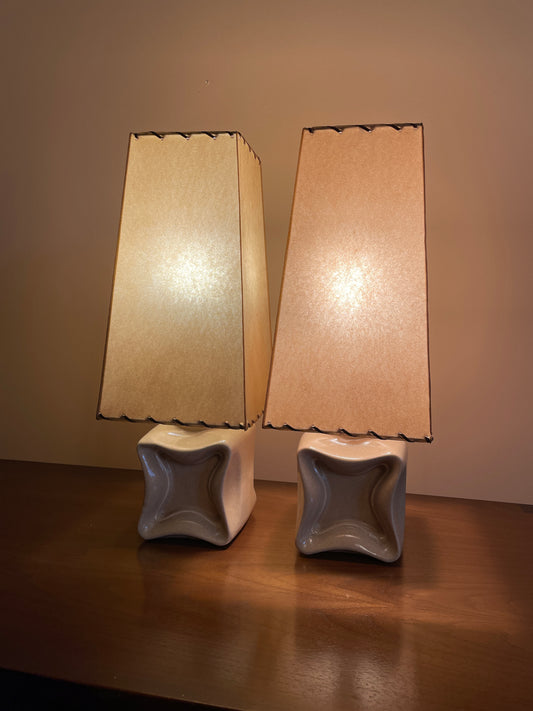 Mid Century Ceramic Lamps with Laced Oil Cloth Shades