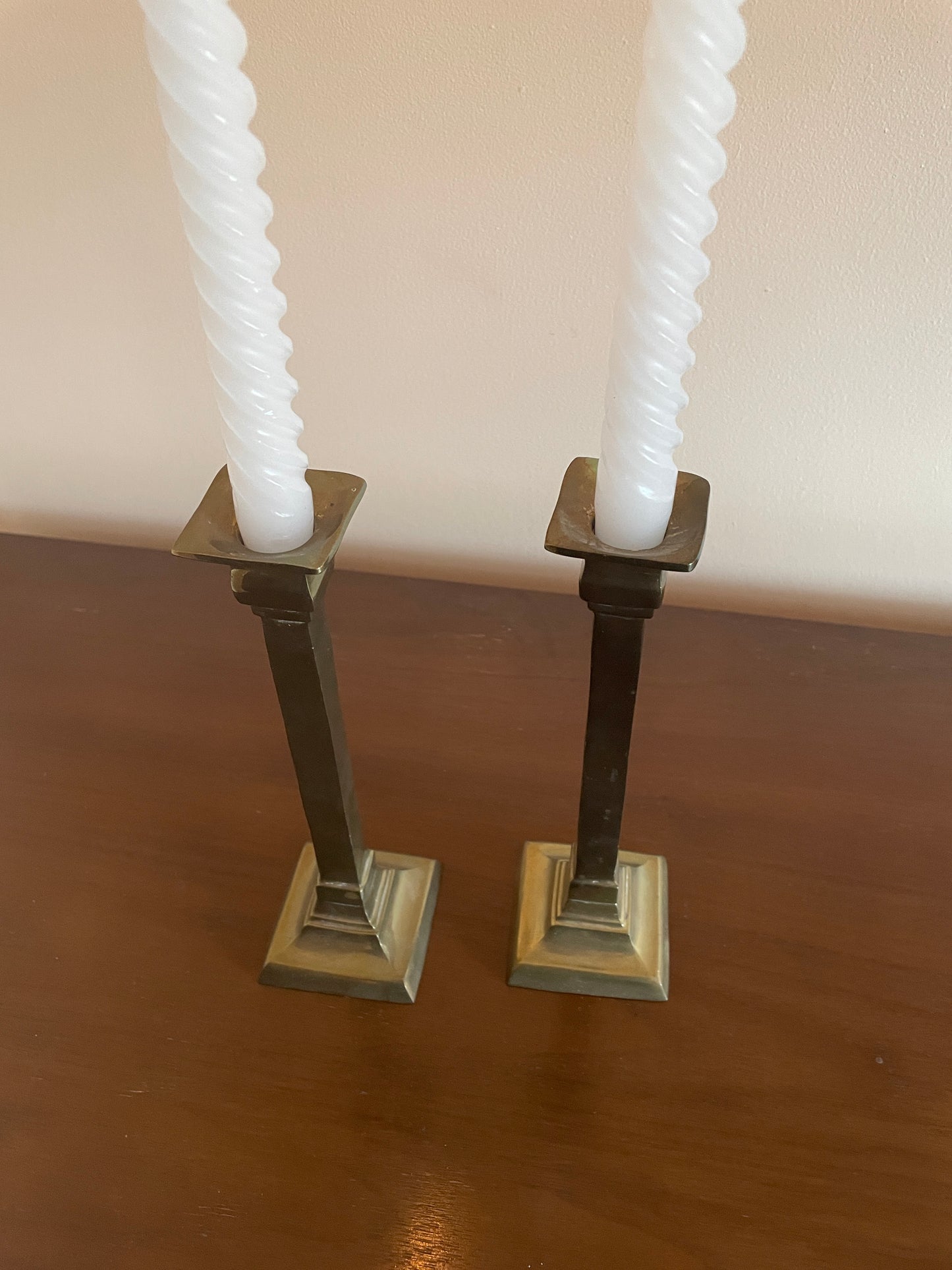 Pair of Brass Candlesticks with Spiral Candles