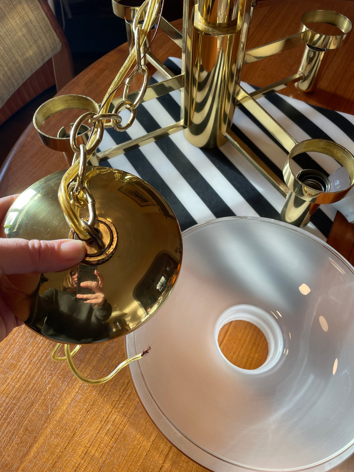 Brass & Frosted Glass Saucer Chandelier