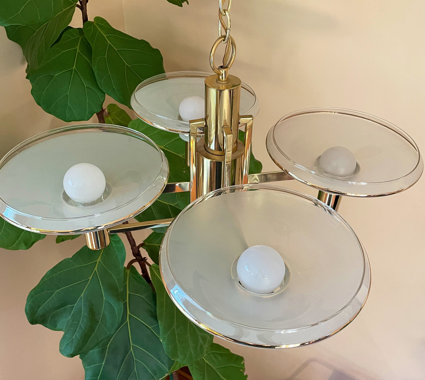 Brass & Frosted Glass Saucer Chandelier