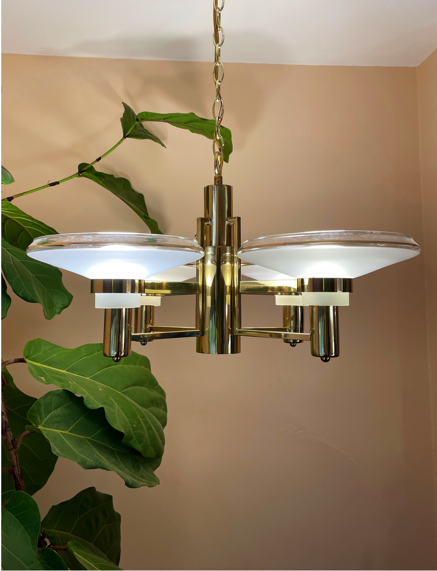 Brass & Frosted Glass Saucer Chandelier