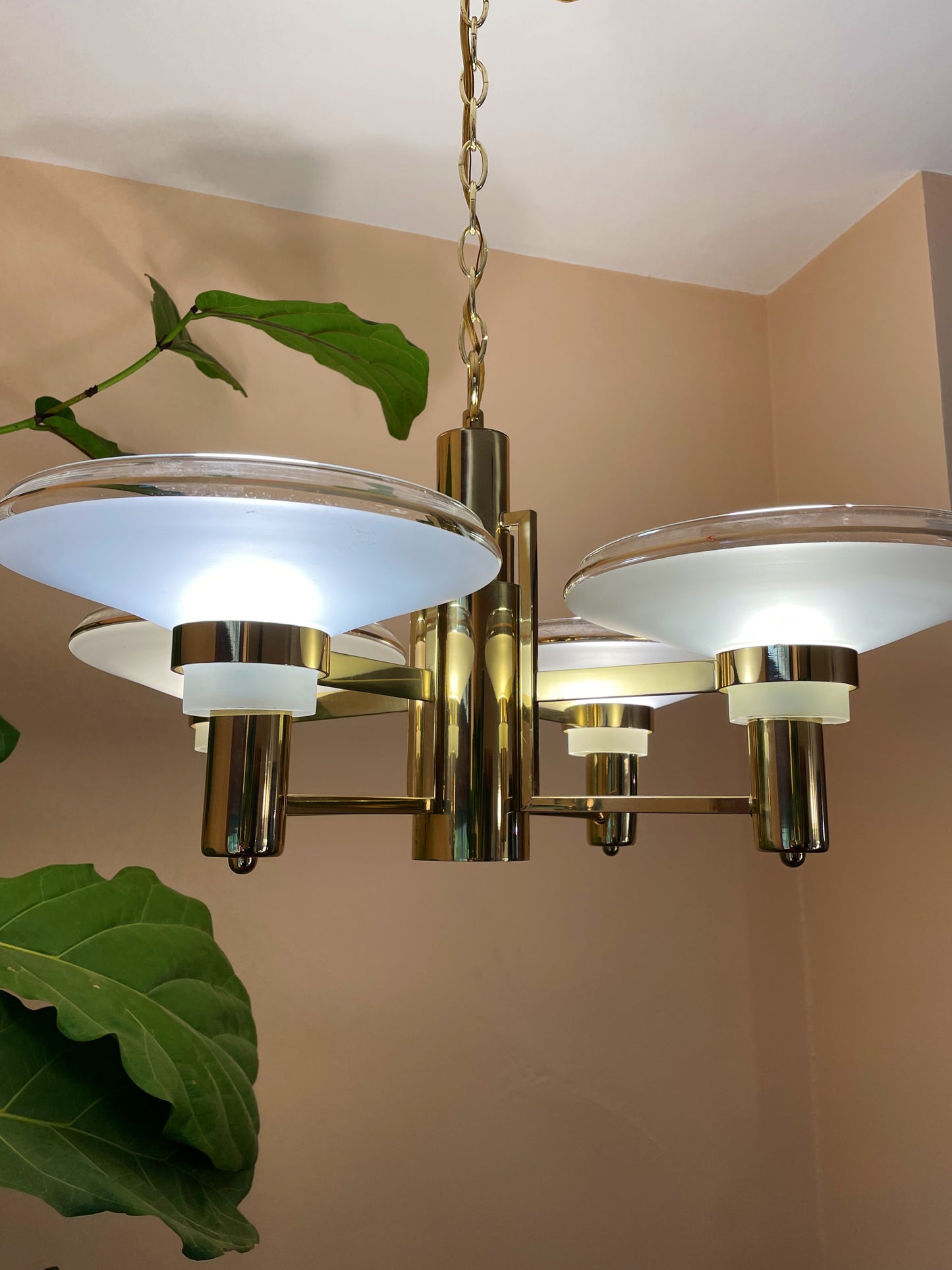 Brass & Frosted Glass Saucer Chandelier