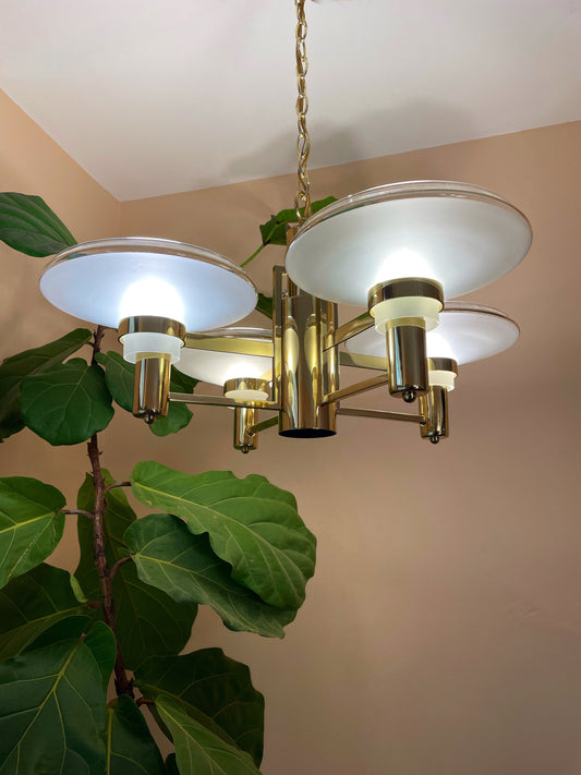 Brass & Frosted Glass Saucer Chandelier