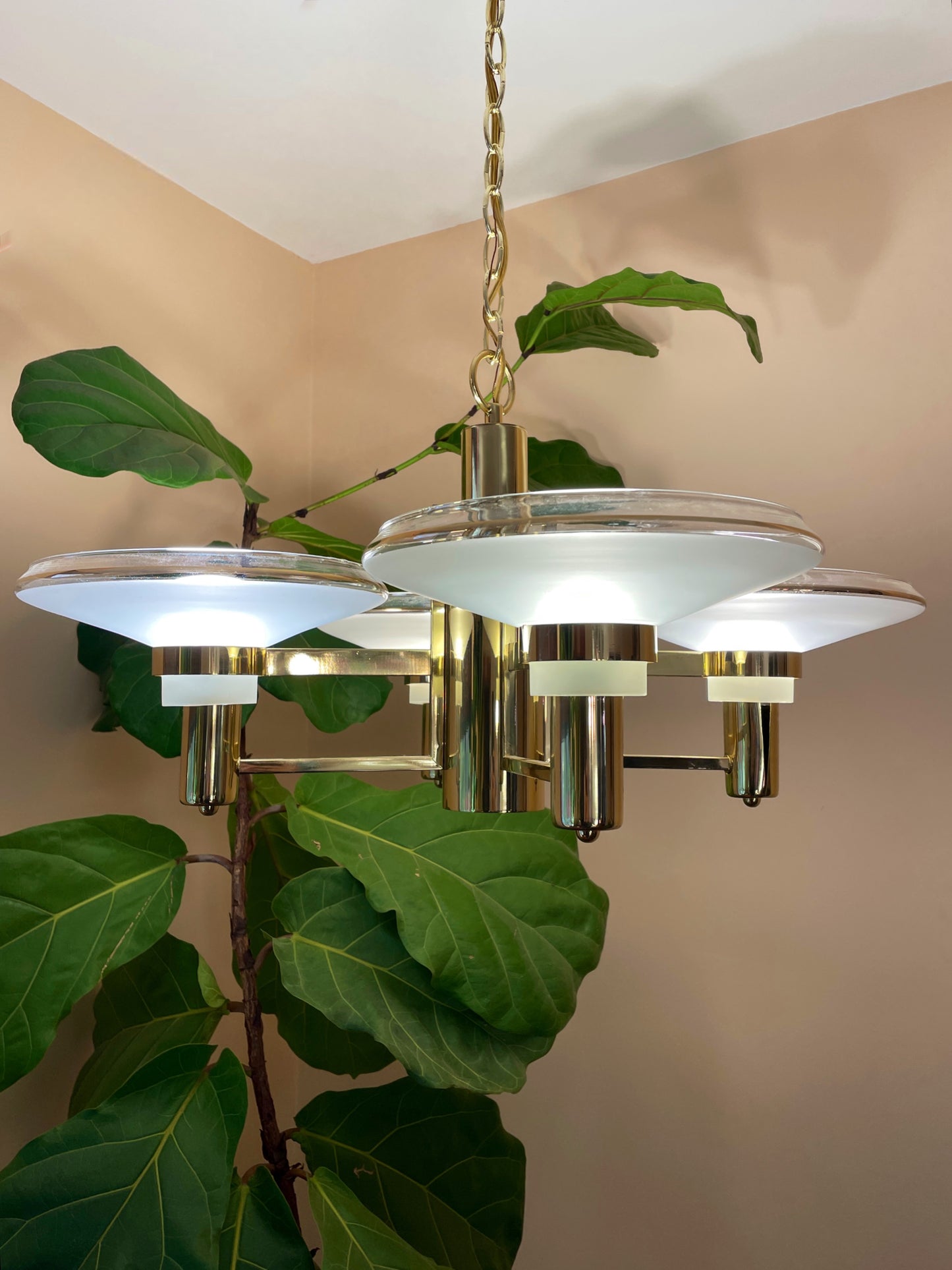 Brass & Frosted Glass Saucer Chandelier