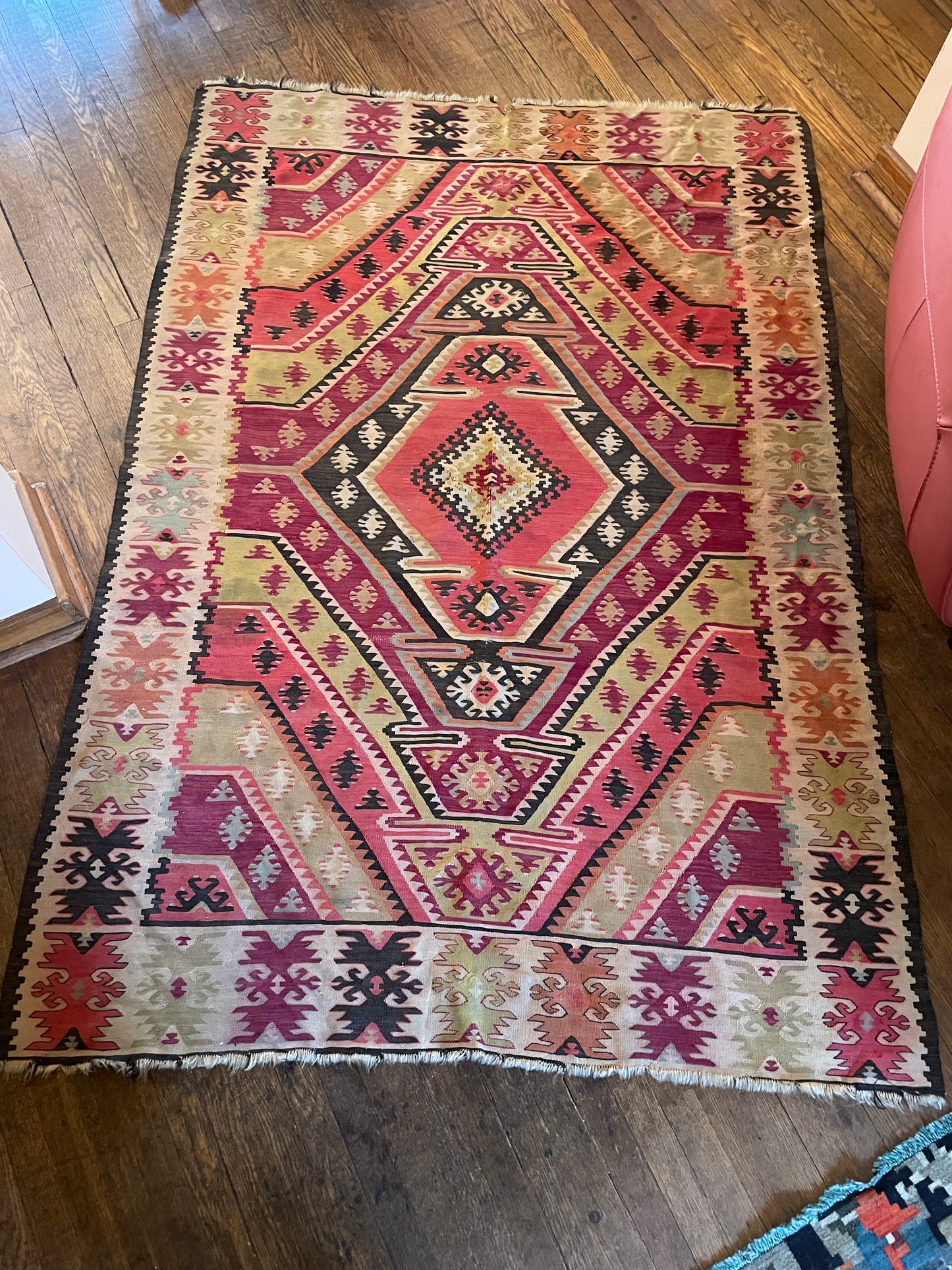 Kilim in Pinks, Greens, Orange, and Blue