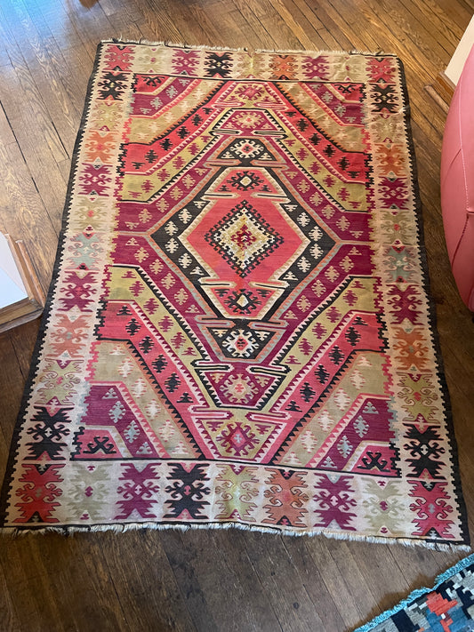 Kilim in Pinks, Greens, Orange, and Blue