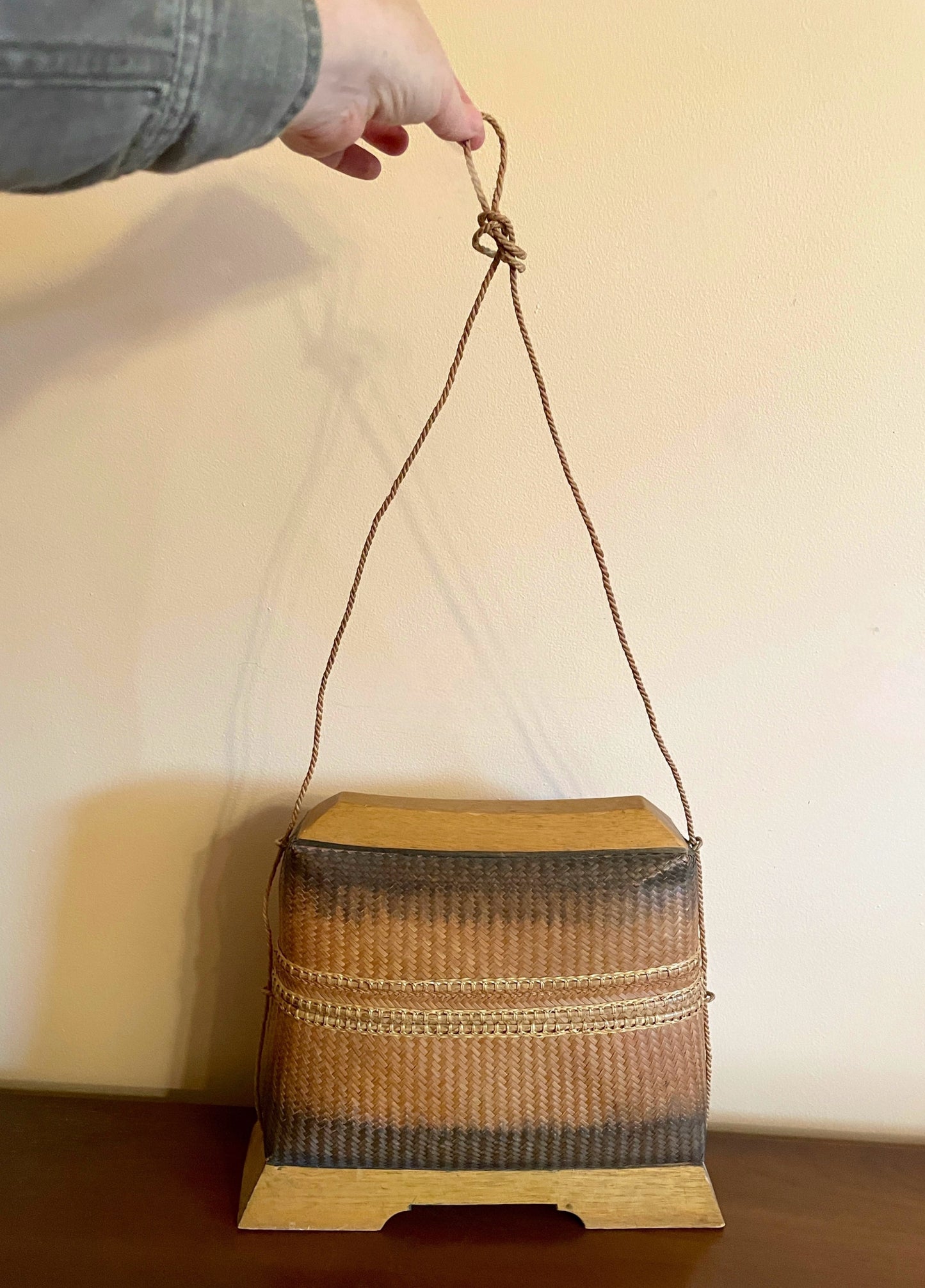 Handwoven Satchel with Wood Pedestal