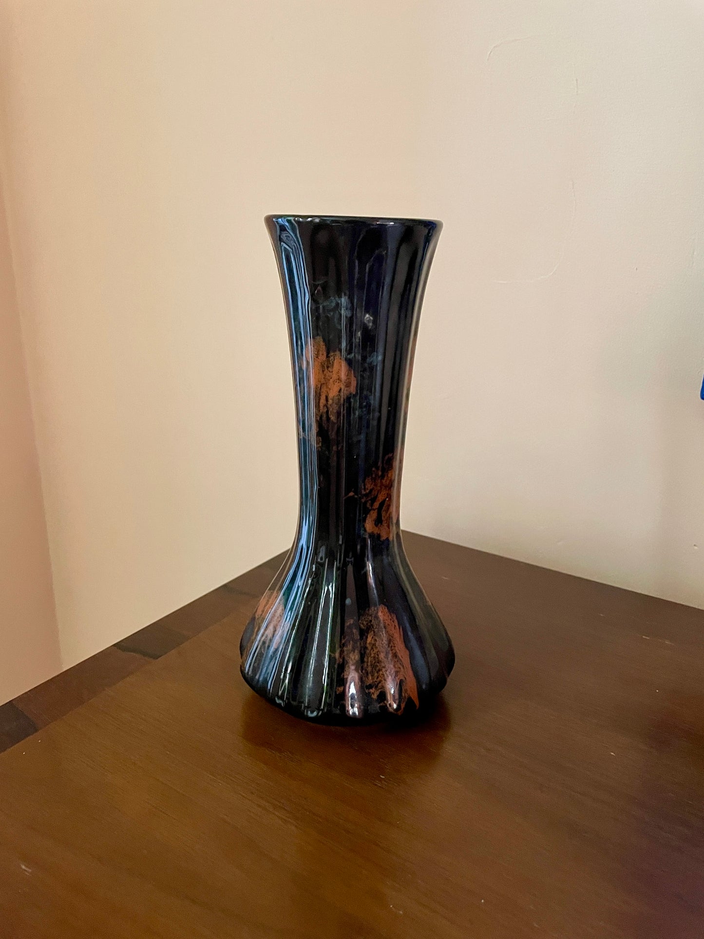 Blue-Black Vase with Abstract Filigree Glaze