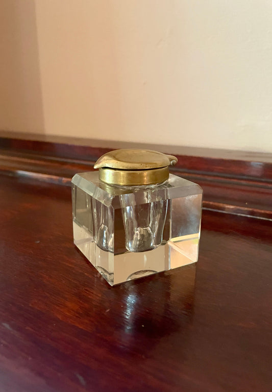 Faceted Glass Inkwell with Hinged Brass Lid