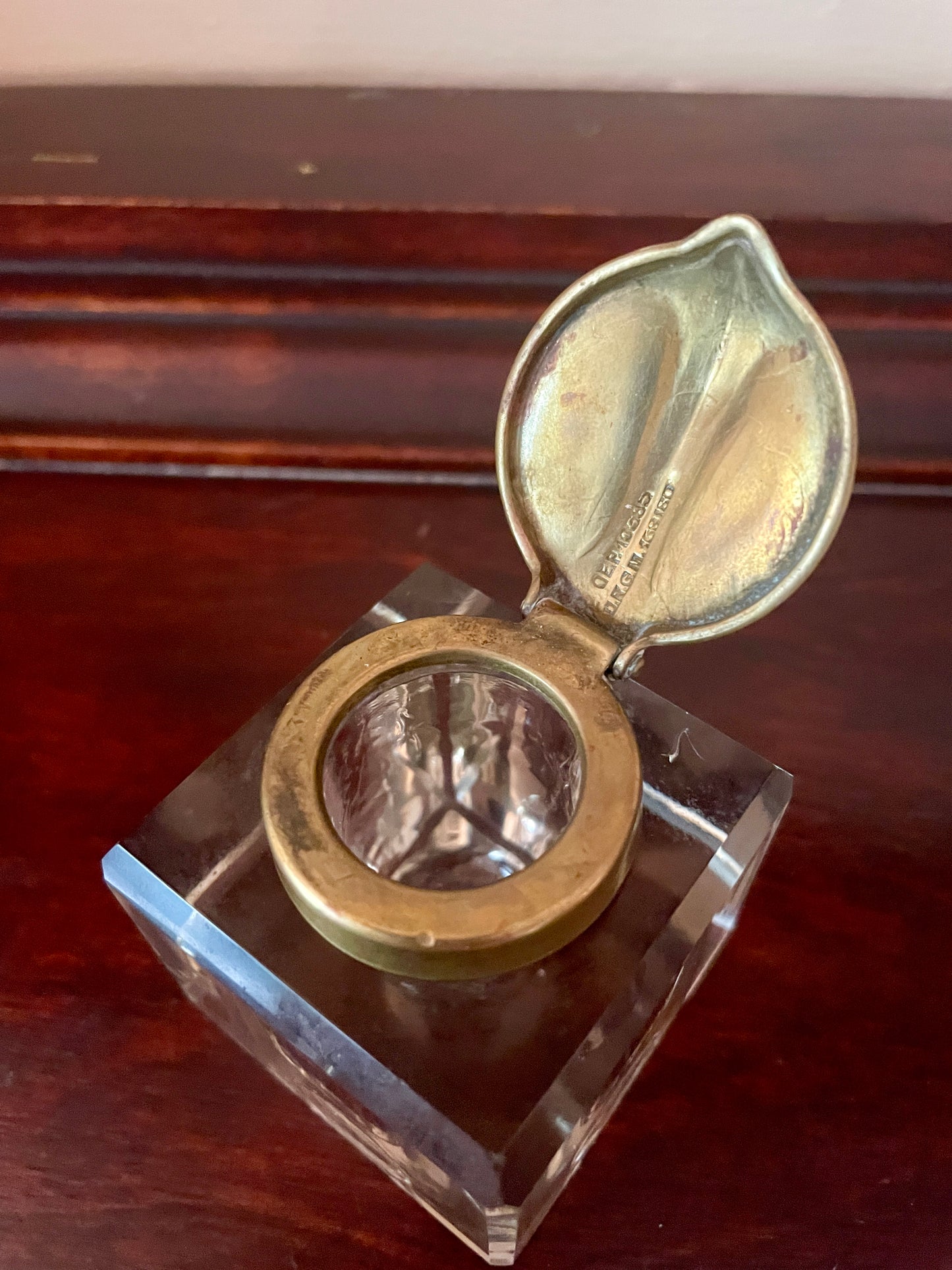 Faceted Glass Inkwell with Hinged Brass Lid