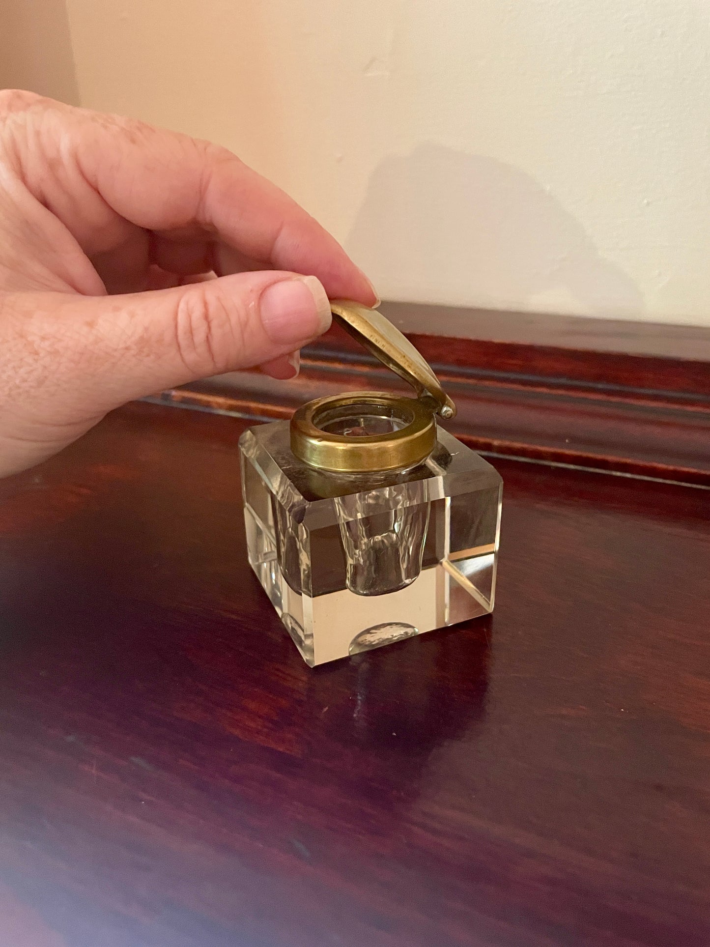 Faceted Glass Inkwell with Hinged Brass Lid