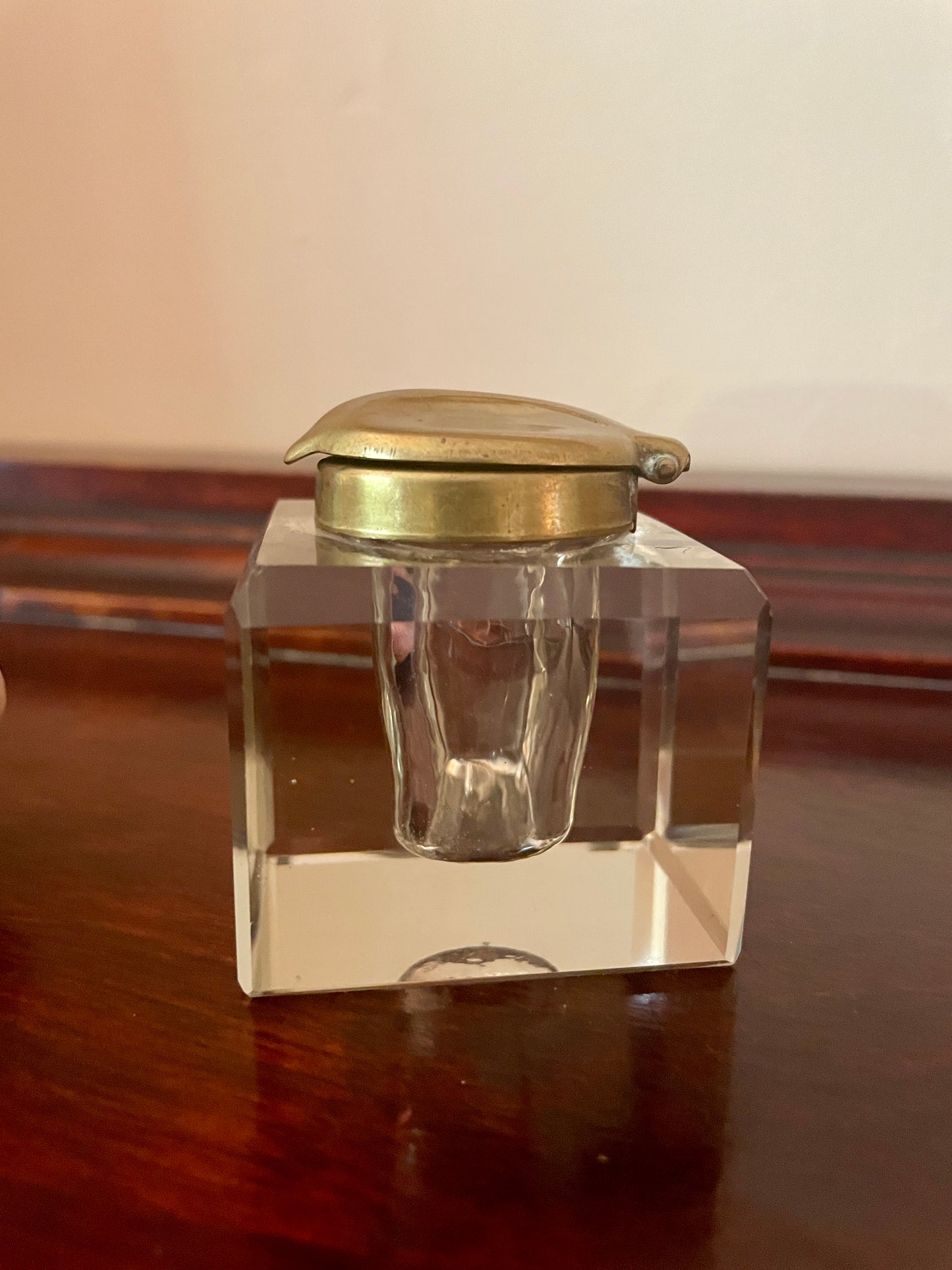 Faceted Glass Inkwell with Hinged Brass Lid