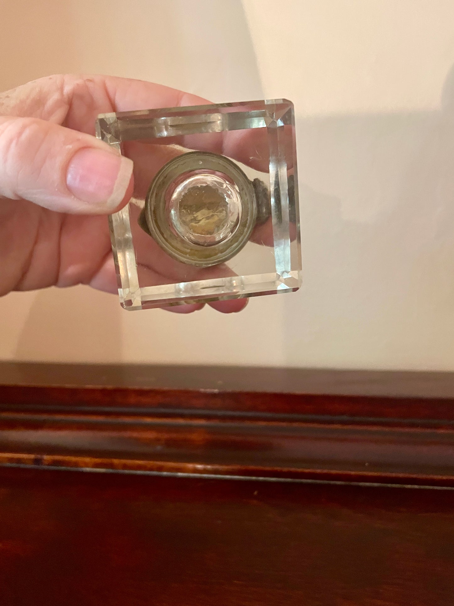 Faceted Glass Inkwell with Hinged Brass Lid