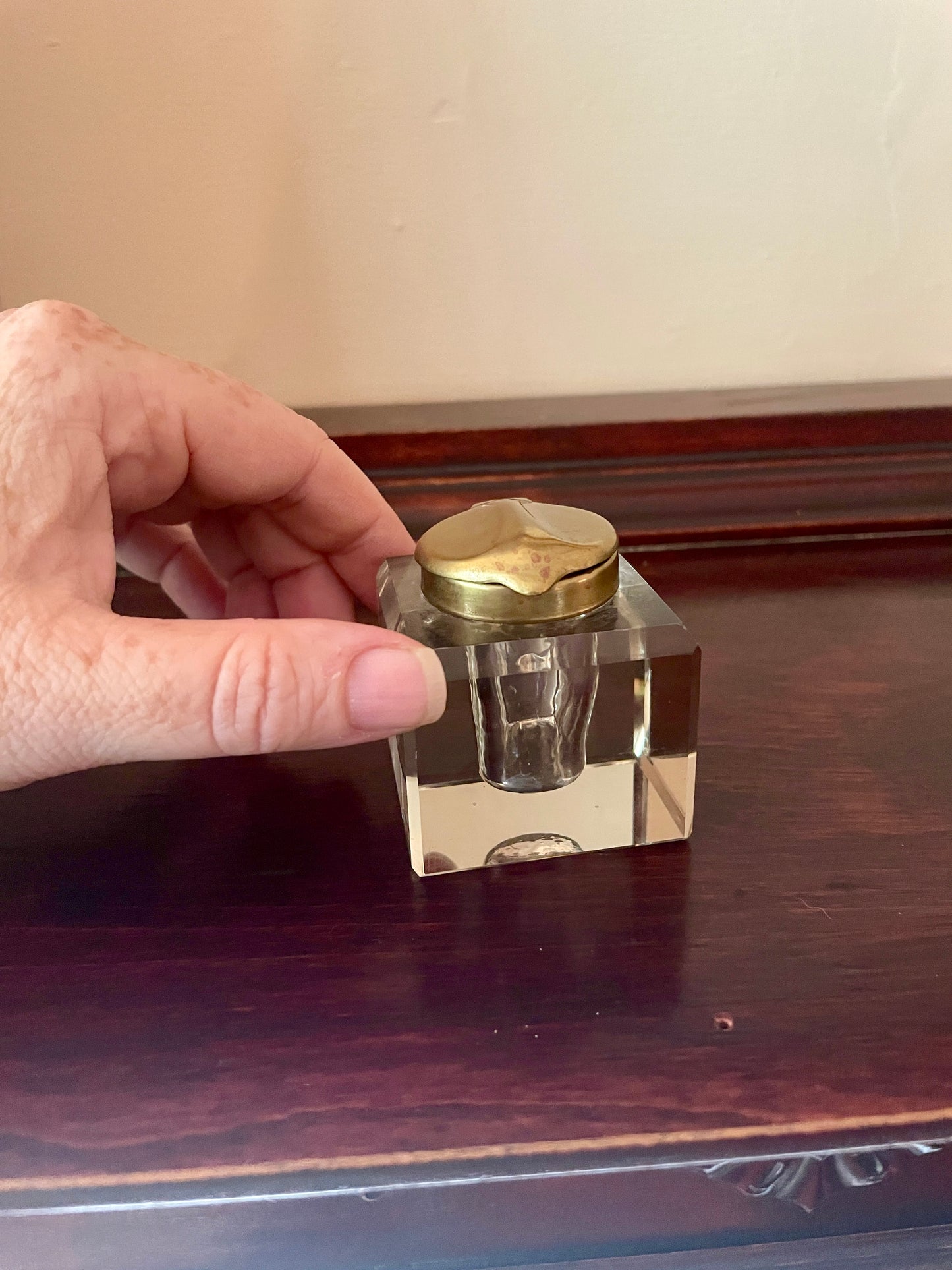 Faceted Glass Inkwell with Hinged Brass Lid